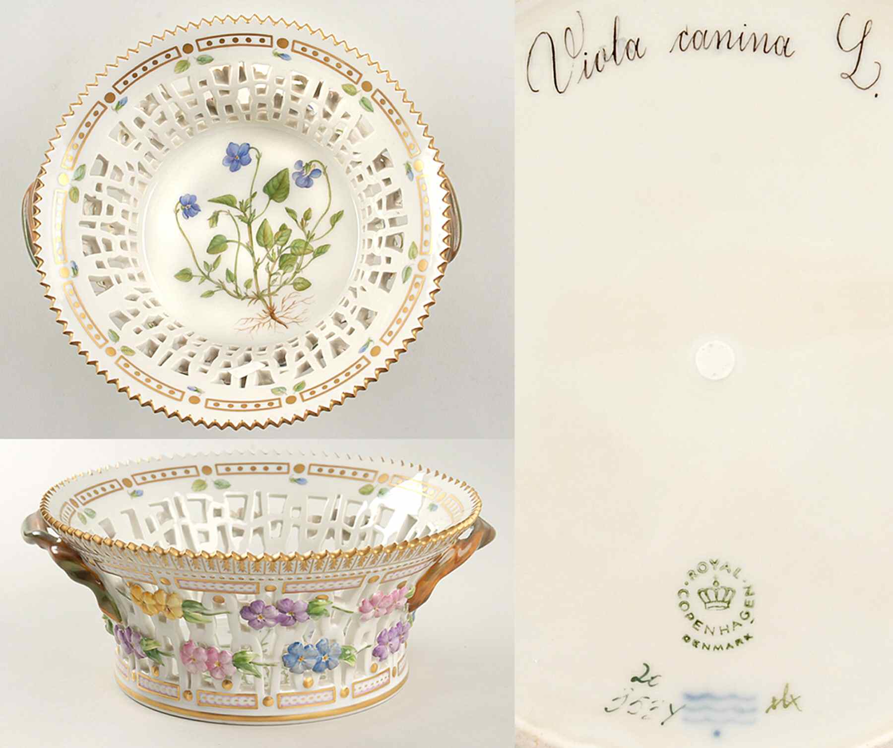 Flora Danica (1961 To Current) 8" Round Fruit Basket-Viola canina L by Royal Copenhagen-1