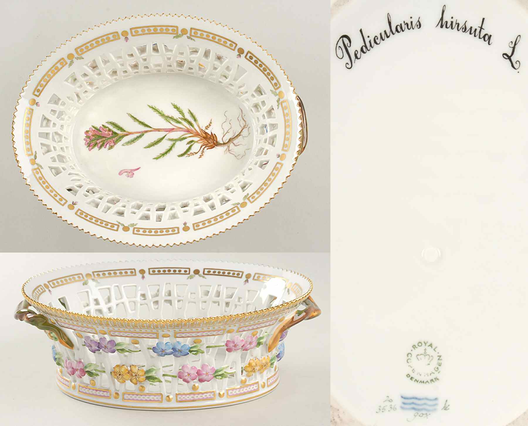Flora Danica (1961 To Current) 9" Oval Fruit Basket-Pedicularis hirsuta L by Royal Copenhagen-1