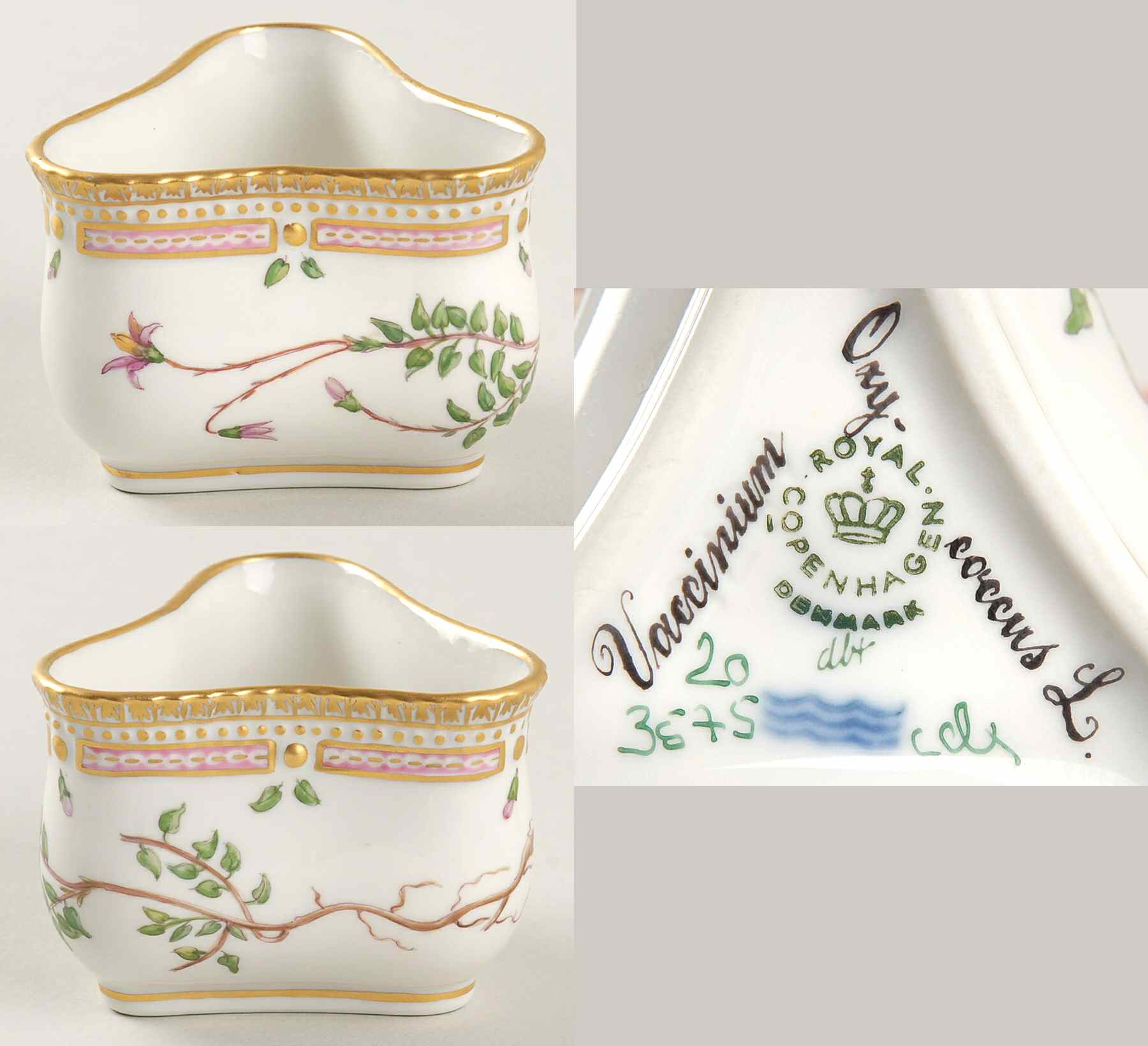 Flora Danica (1961 To Current) Triangular Custard Cup-Vaccinium Oxycoccus L by Royal Copenhagen-1