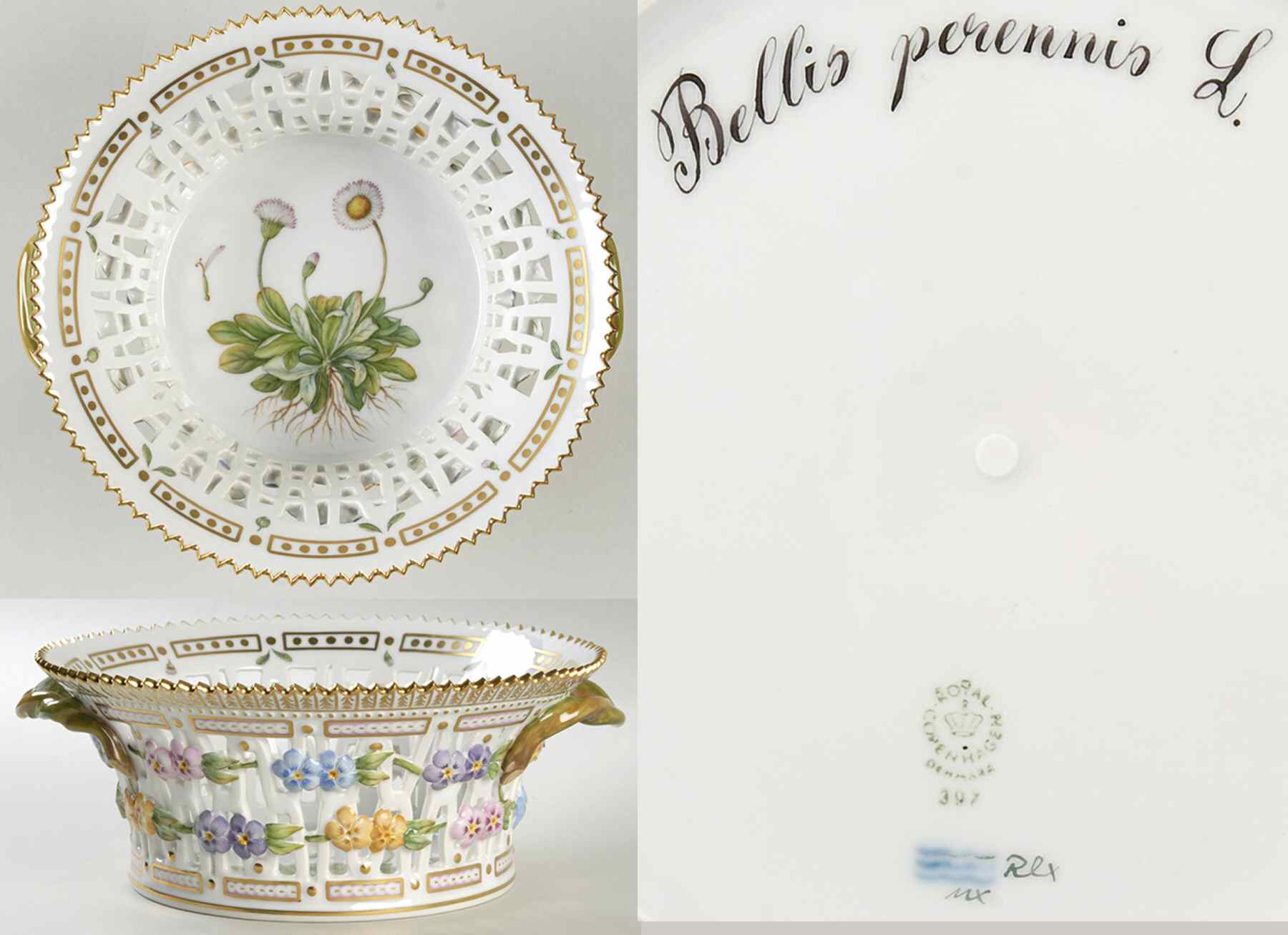 Flora Danica (1961 To Current) 8" Round Fruit Basket-Bellis perennis L by Royal Copenhagen-1