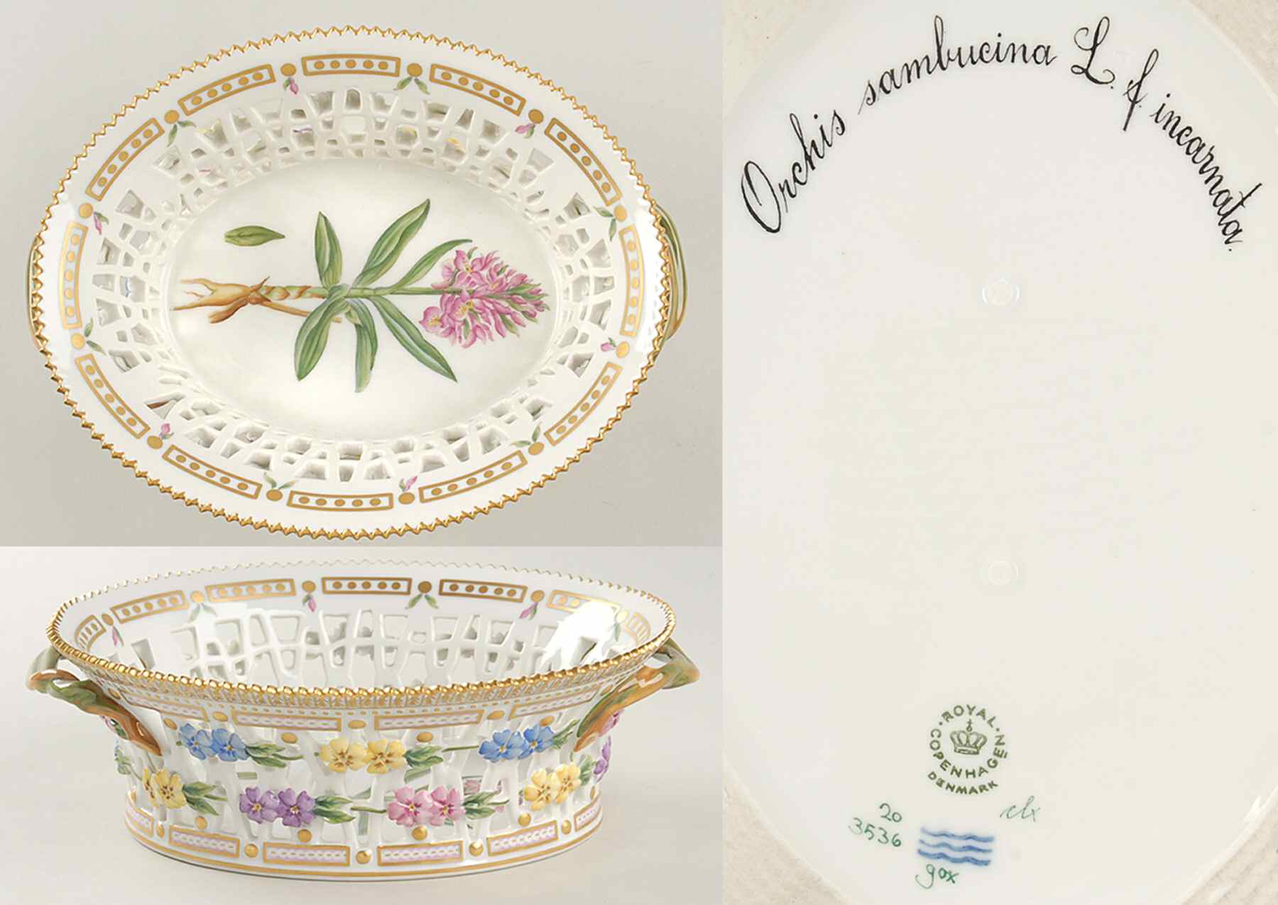 Flora Danica (1961 To Current) 9" Oval Fruit Basket-Orchis sambucina L f incarnat by Royal Copenhagen-1