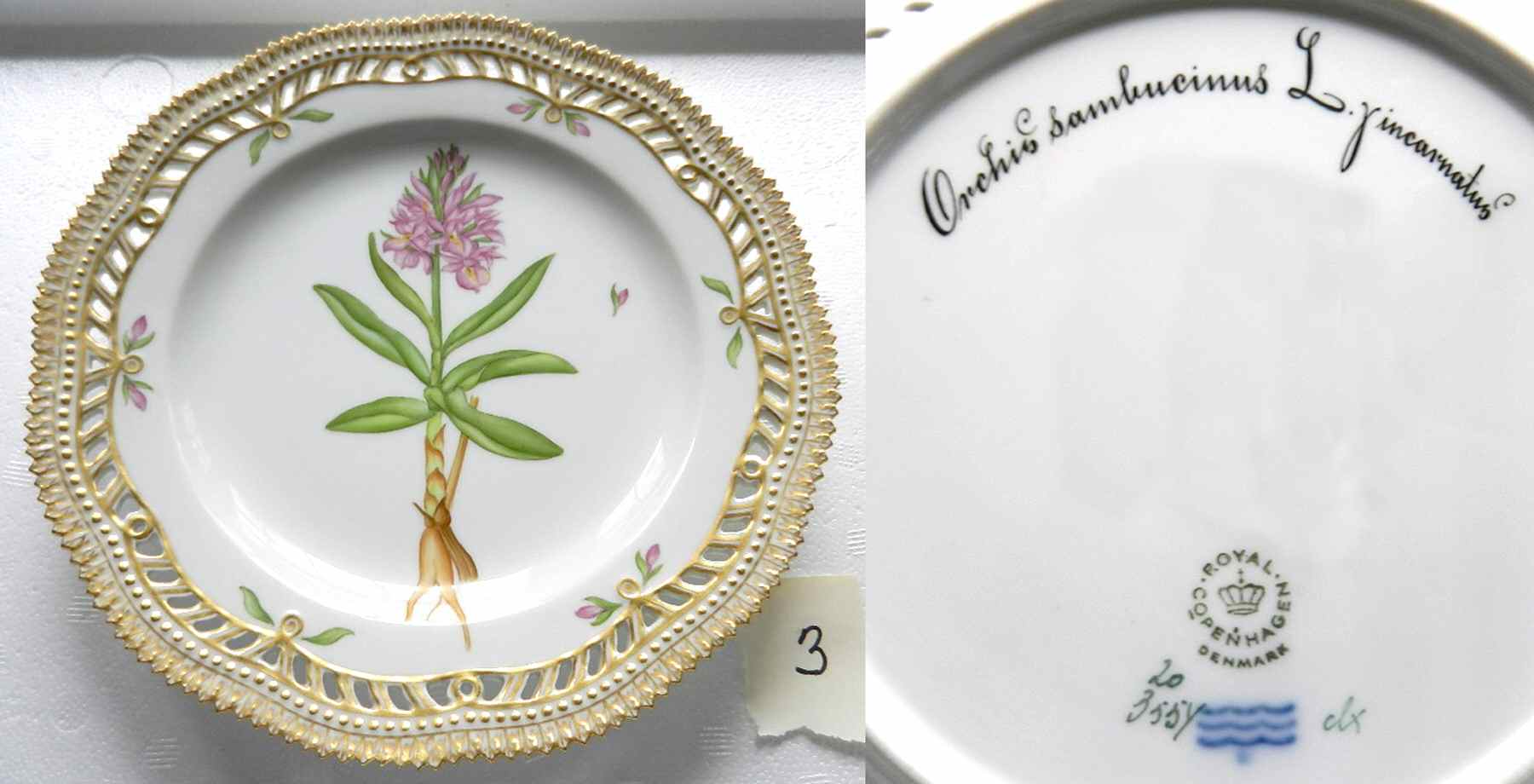 Flora Danica (1961 To Current) 9" Pierced Luncheon Plate/Fruit Std-Orchis sambuci by Royal Copenhagen-1