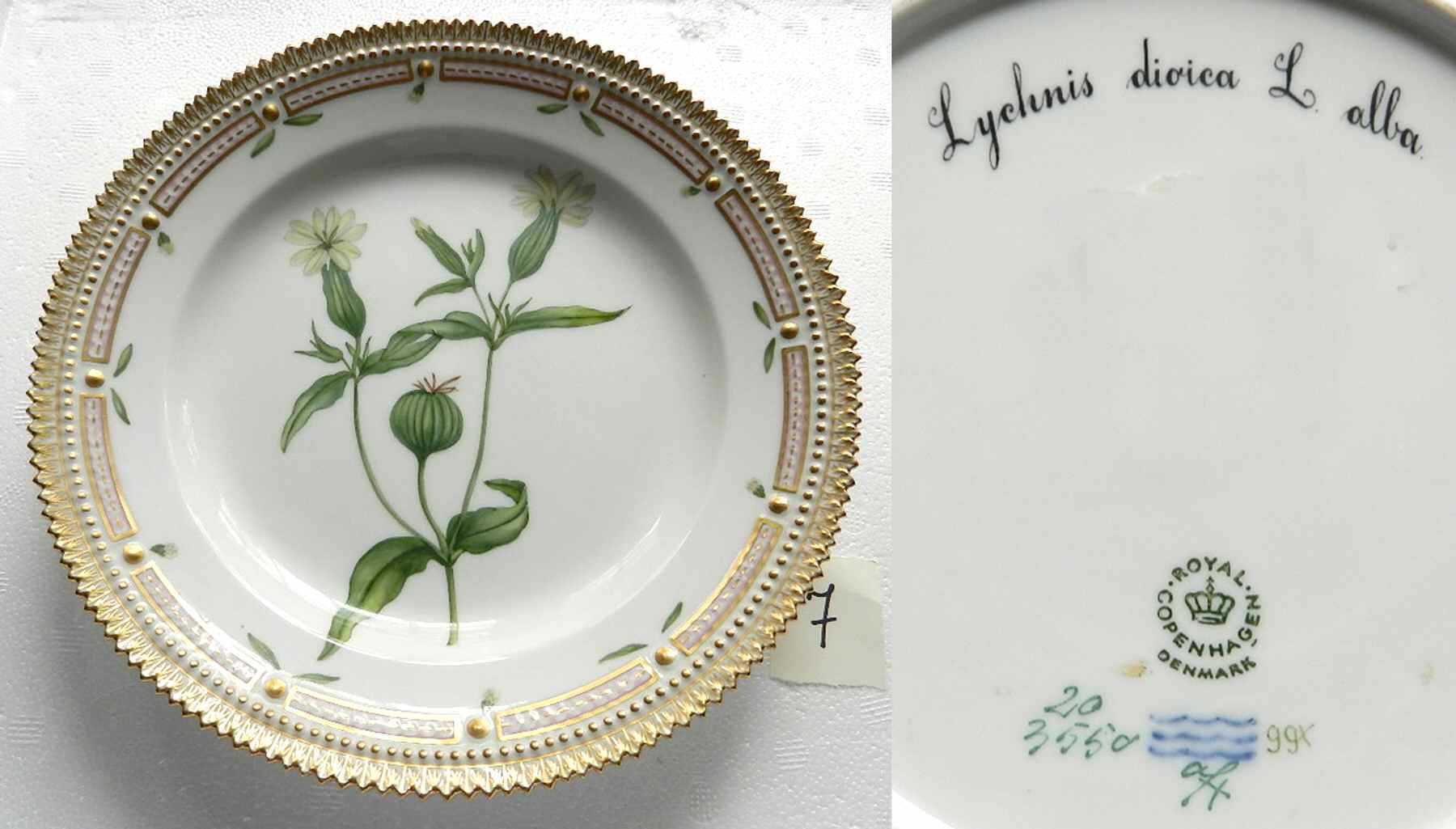 Flora Danica (1961 To Current) Luncheon Plate-Lychnis dioica L alba by Royal Copenhagen-1