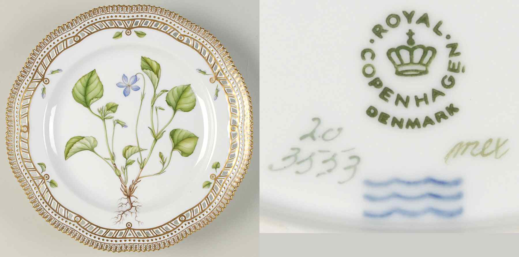 Flora Danica (1961 To Current) 10" Pierced Dinner Plate/Fruit Std-Viola canina Ho by Royal Copenhagen-1