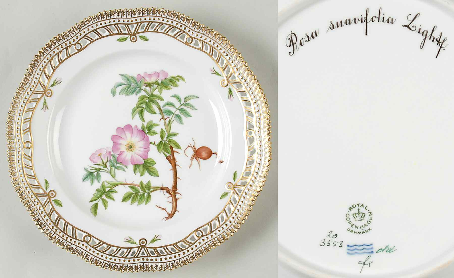 Flora Danica (1961 To Current) 10" Pierced Dinner Plate/Fruit Std-Rosa suavifolia by Royal Copenhagen-1