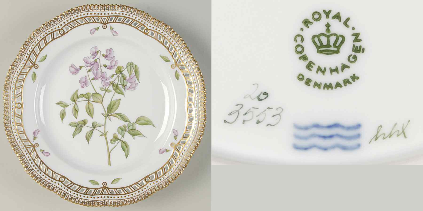 Flora Danica (1961 To Current) 10" Pierced Dinner Plate/Fruit Std-Orobus vernus L by Royal Copenhagen-1