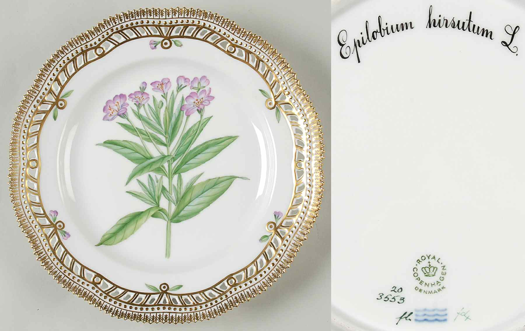 Flora Danica (1961 To Current) 10" Pierced Dinner Plate/Fruit Std-Epilobium hirsu by Royal Copenhagen-1
