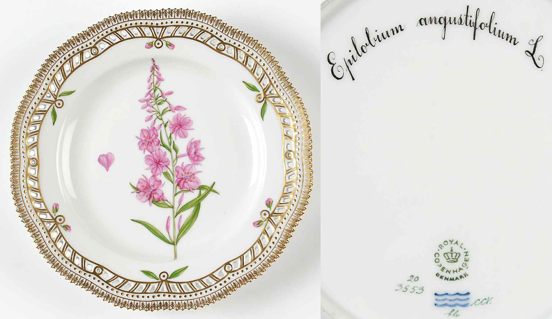 Flora Danica (1961 To Current) 10" Pierced Dinner Plate/Fruit Std-Epilobium angus by Royal Copenhagen-1