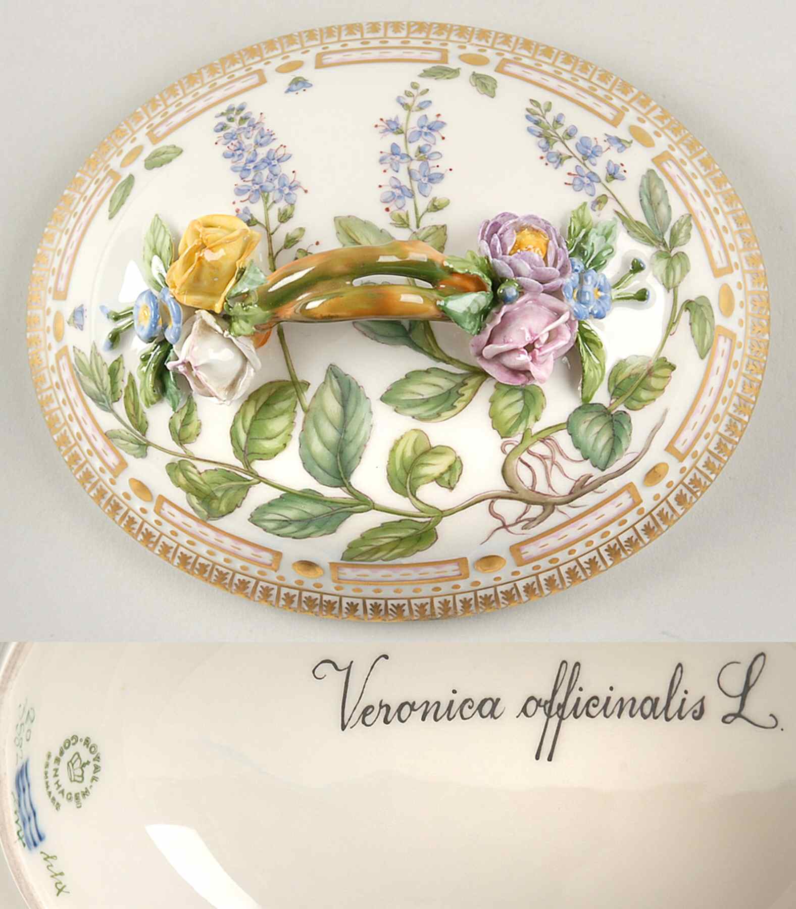Flora Danica (1961 To Current) Lid for Large Sugar Bowl-Veronica officinalis L by Royal Copenhagen-1