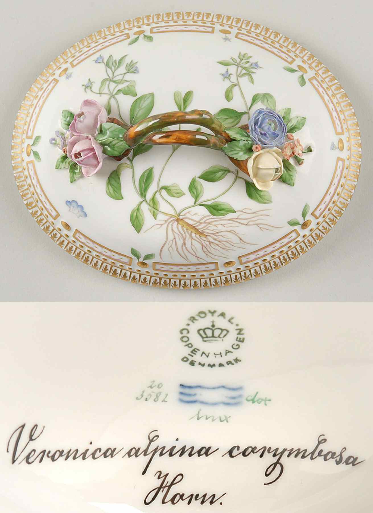 Flora Danica (1961 To Current) Lid for Large Sugar Bowl-Veronica alpina corym Hor by Royal Copenhagen-1