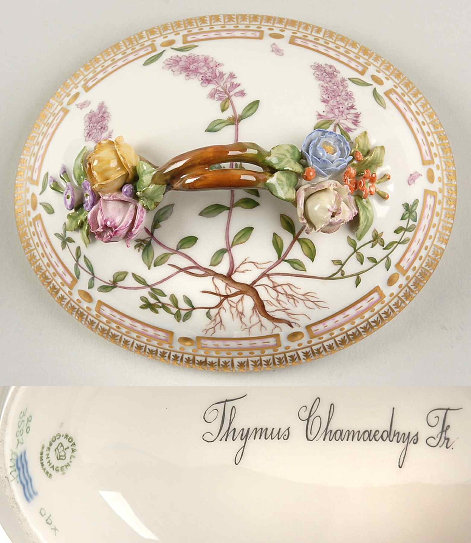 Flora Danica (1961 To Current) Lid for Large Sugar Bowl-Thymus Chamaedrys Fr by Royal Copenhagen-1