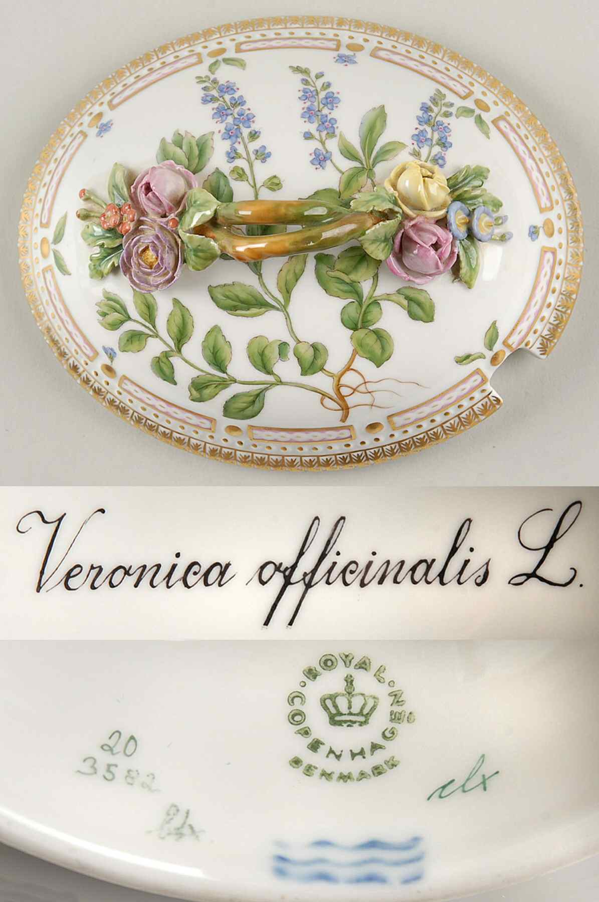 Flora Danica (1961 To Current) Lid for Large Sugar Bowl-Veronica officinalis L by Royal Copenhagen-1