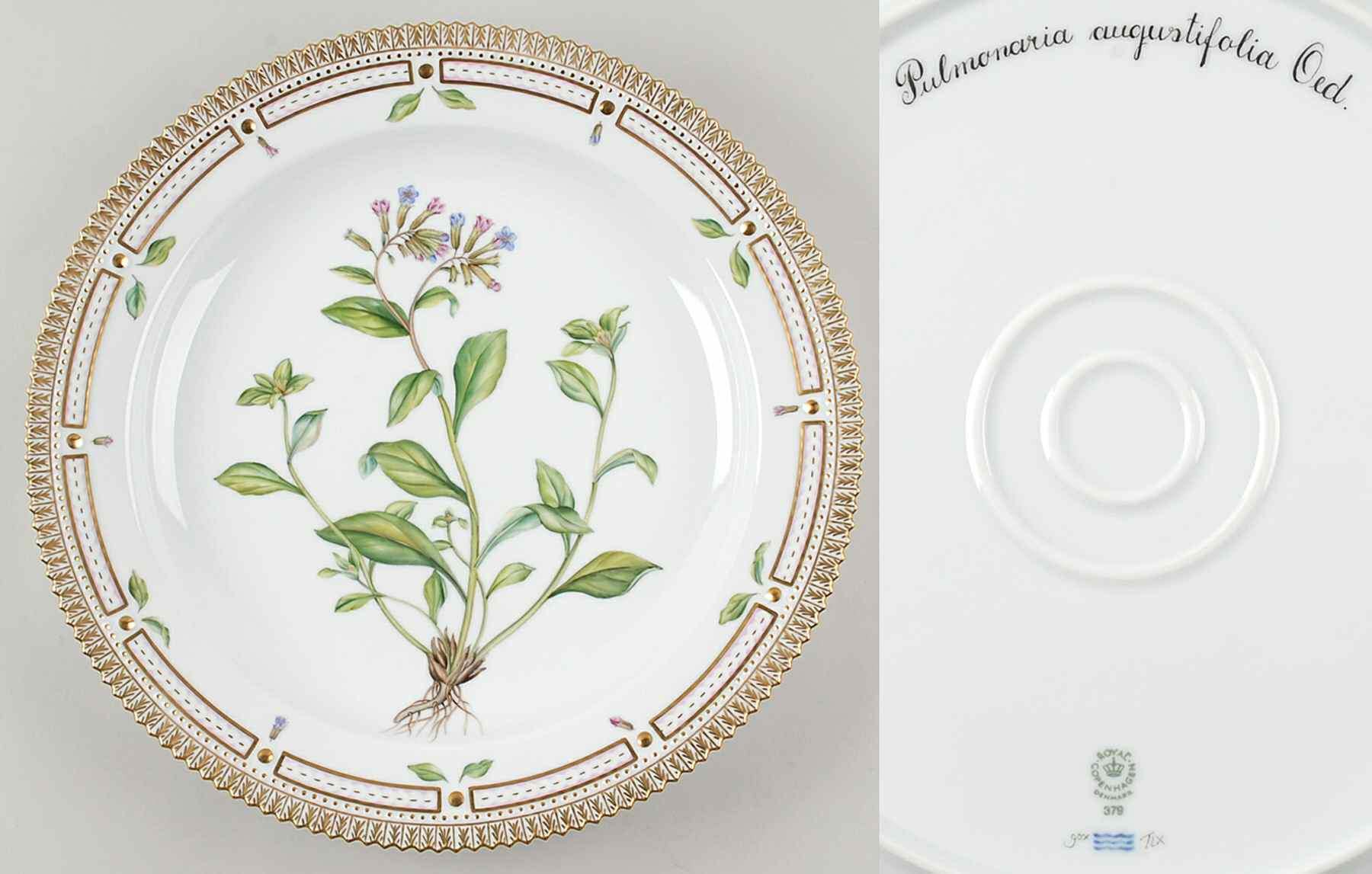 Flora Danica (1961 To Current) 15" Round Platter-Pulmonaria augustifolia Oed by Royal Copenhagen-1