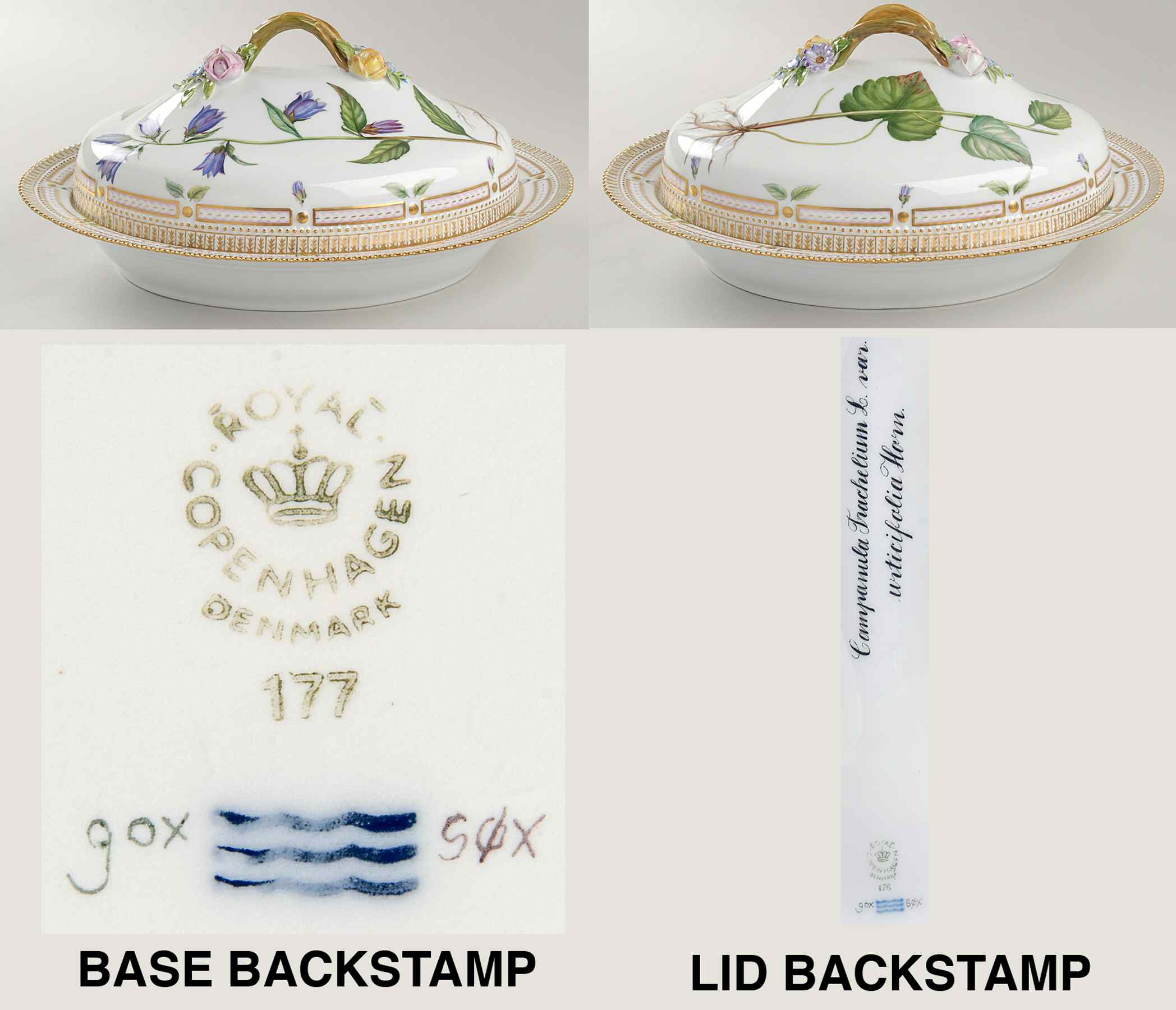Flora Danica (1961 To Current) Oval Covered Vegetable-Campanula Trachelium L var by Royal Copenhagen-1