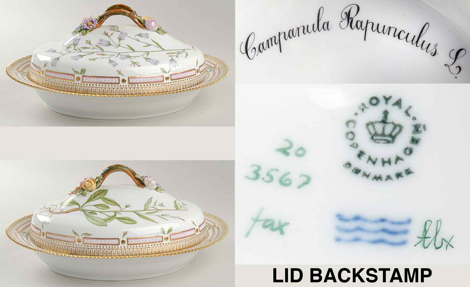 Flora Danica (1961 To Current) Oval Covered Vegetable-Campanula Rapunculus L by Royal Copenhagen-1