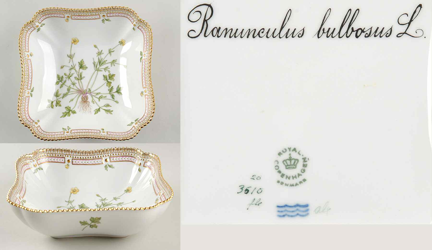 Flora Danica (1961 To Current) 8" Square Salad Serving Bowl-Ranunculus bulbosus L by Royal Copenhagen-1