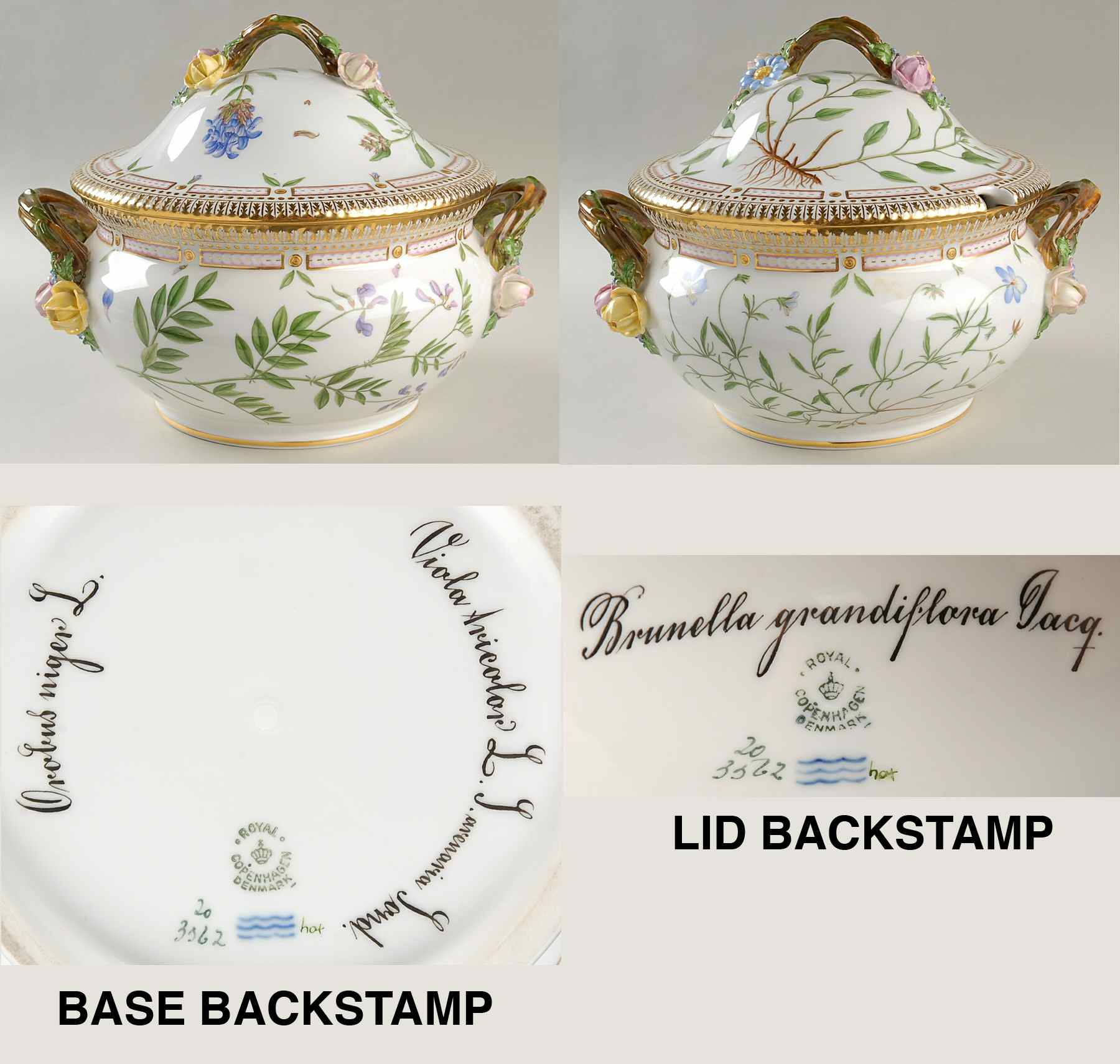 Flora Danica (1961 To Current) 3 Qt Tureen & Lid-Orobus nig, Viola tric, Brunella by Royal Copenhagen-1