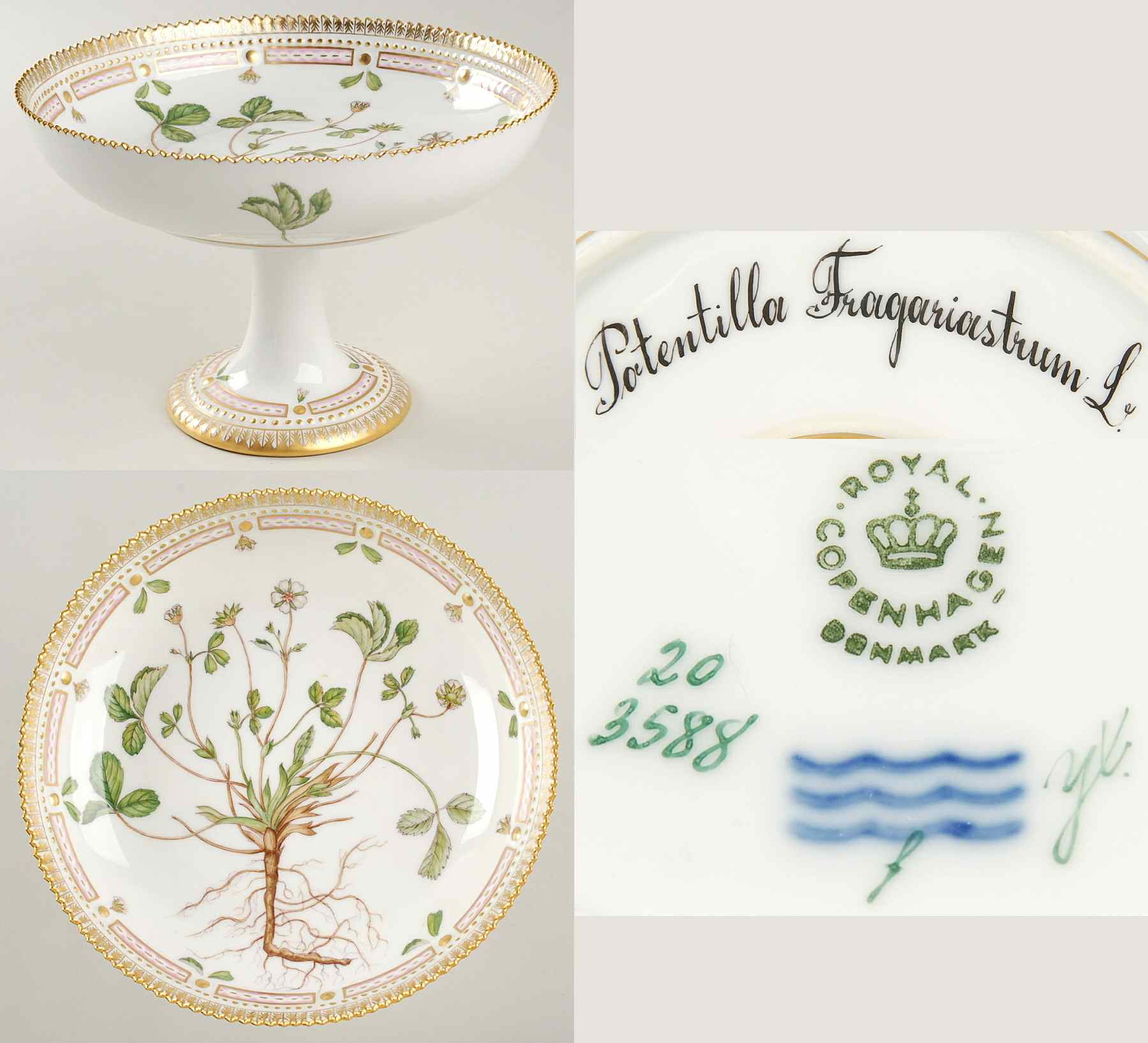Flora Danica (1961 To Current) Round High Foot Cake Plate-Potentilla Fragariastru by Royal Copenhagen-1