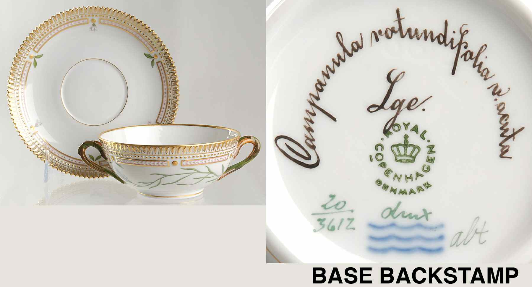 Flora Danica (1961 To Current) Flat Cream Soup & Saucer-Campanula rotundifolia v by Royal Copenhagen-1