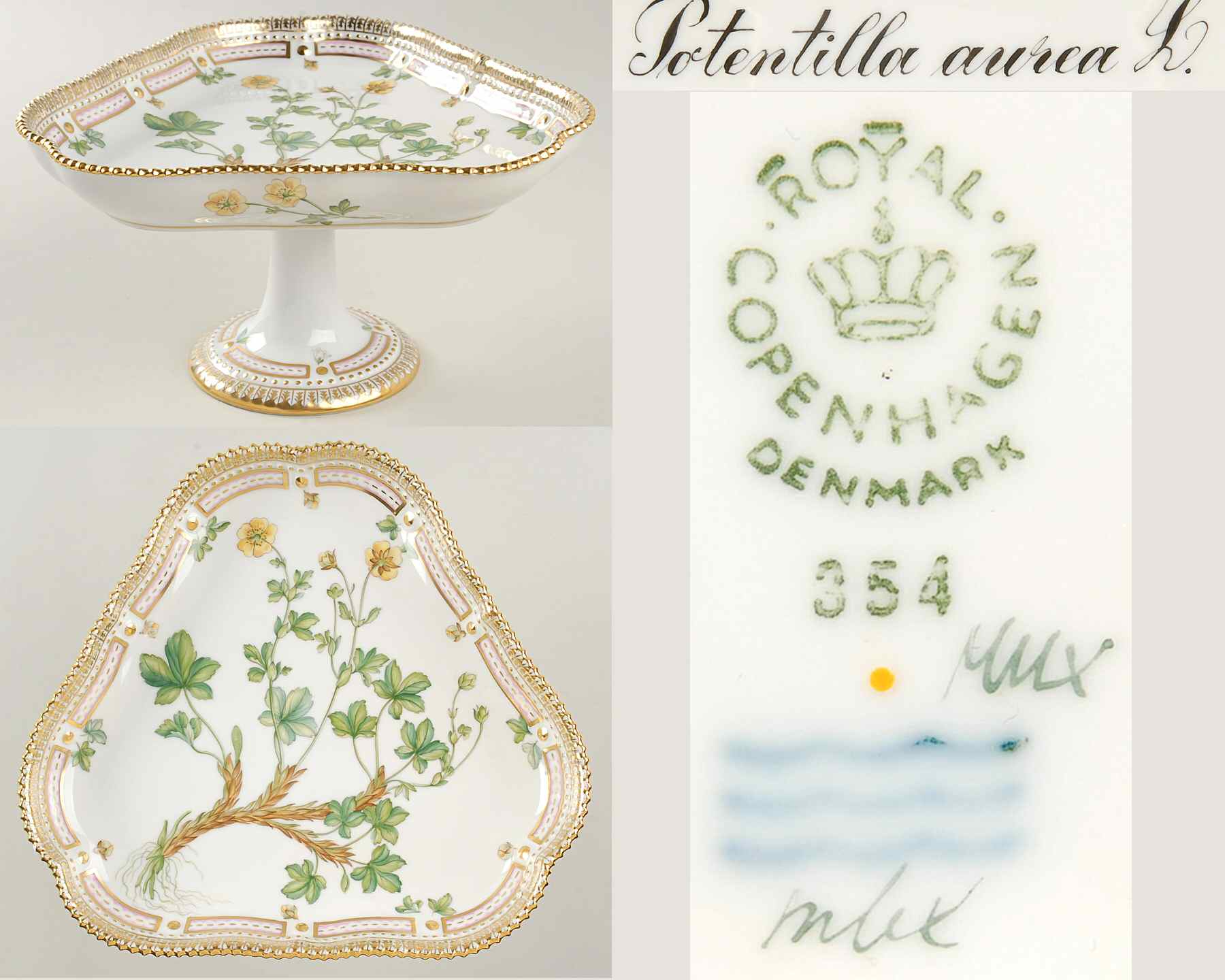 Flora Danica (1961 To Current) Triangular High Foot Cake Plate-Potentilla aurea L by Royal Copenhagen-1