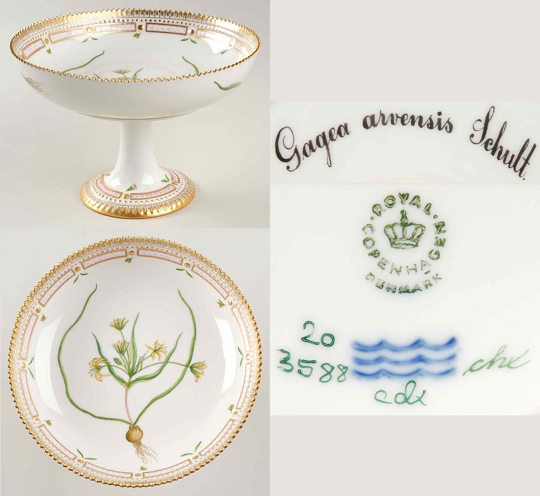 Flora Danica (1961 To Current) Round High Foot Cake Plate-Gagea arvensis Schult by Royal Copenhagen-1