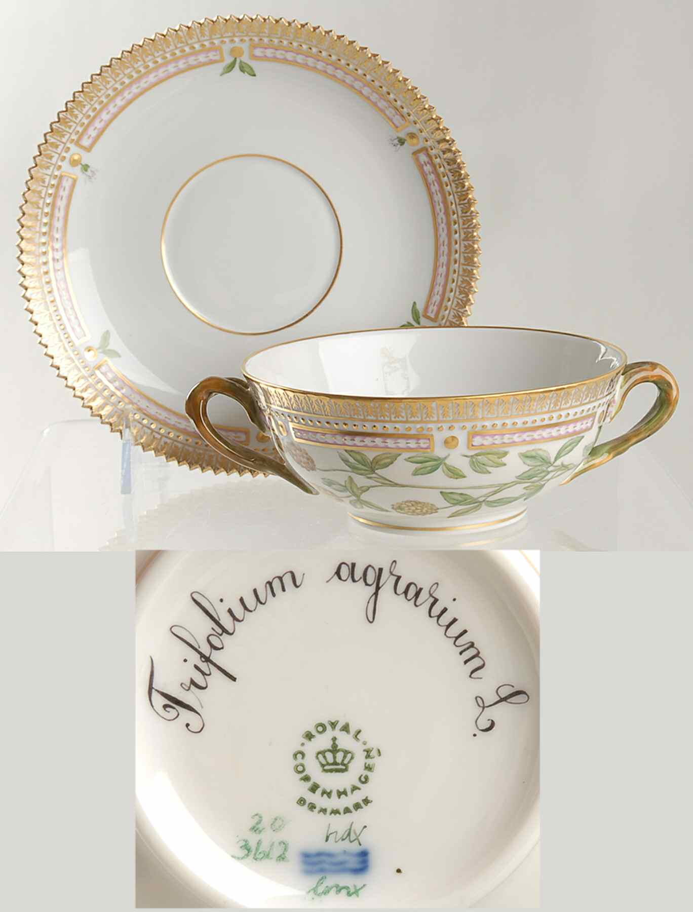 Flora Danica (1961 To Current) Flat Cream Soup & Saucer-Trifolium agrarium L by Royal Copenhagen-1