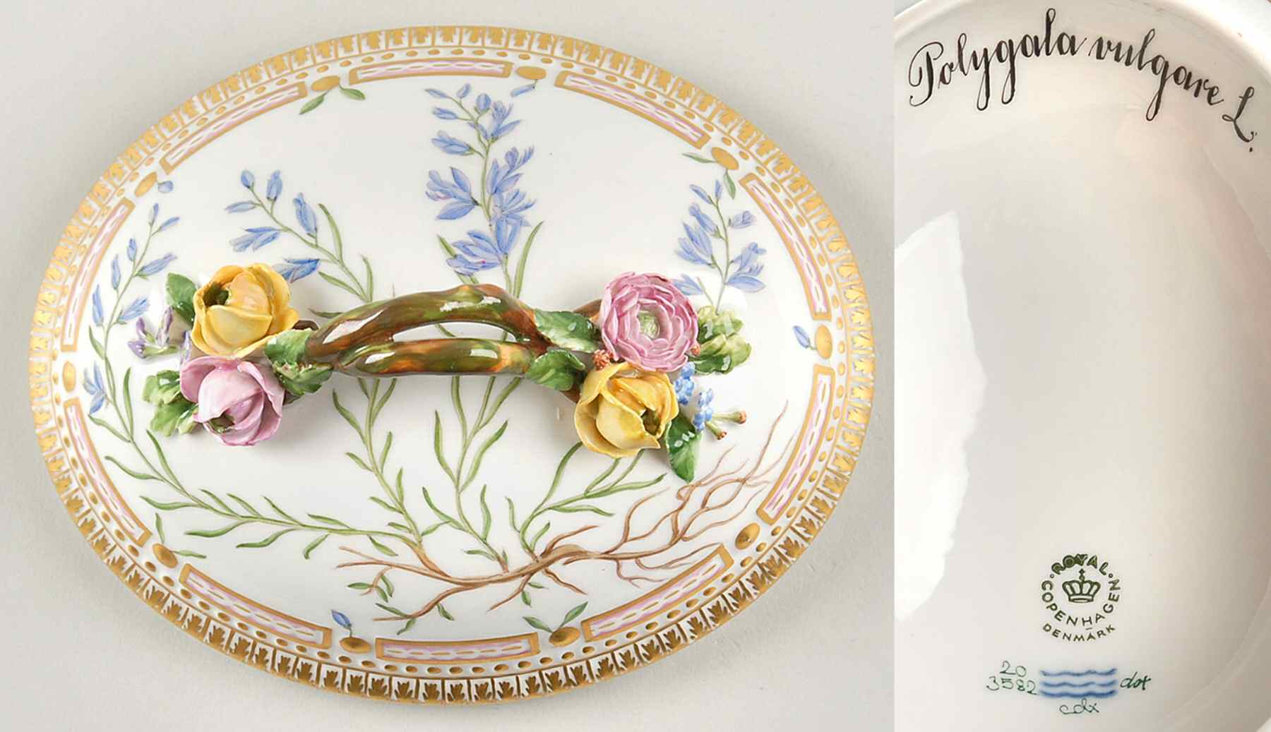 Flora Danica (1961 To Current) Lid for Large Sugar Bowl-Polygala vulgare L by Royal Copenhagen-1