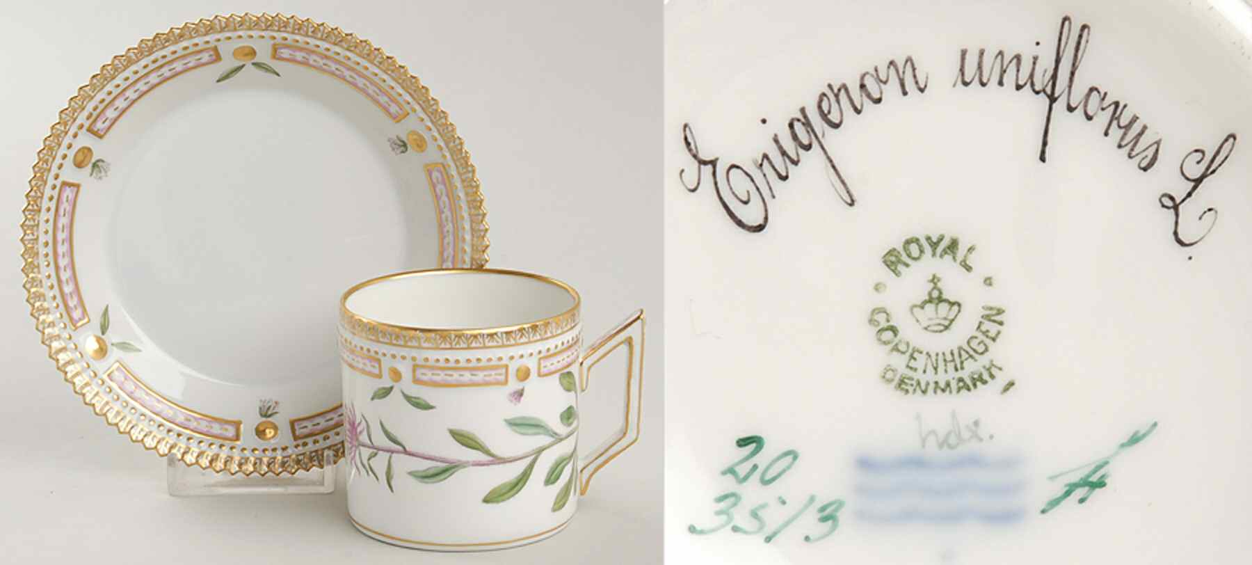 Flora Danica (1961 To Current) Chocolate Cup & Serrated Saucer-Erigeron uniflorus by Royal Copenhagen-1