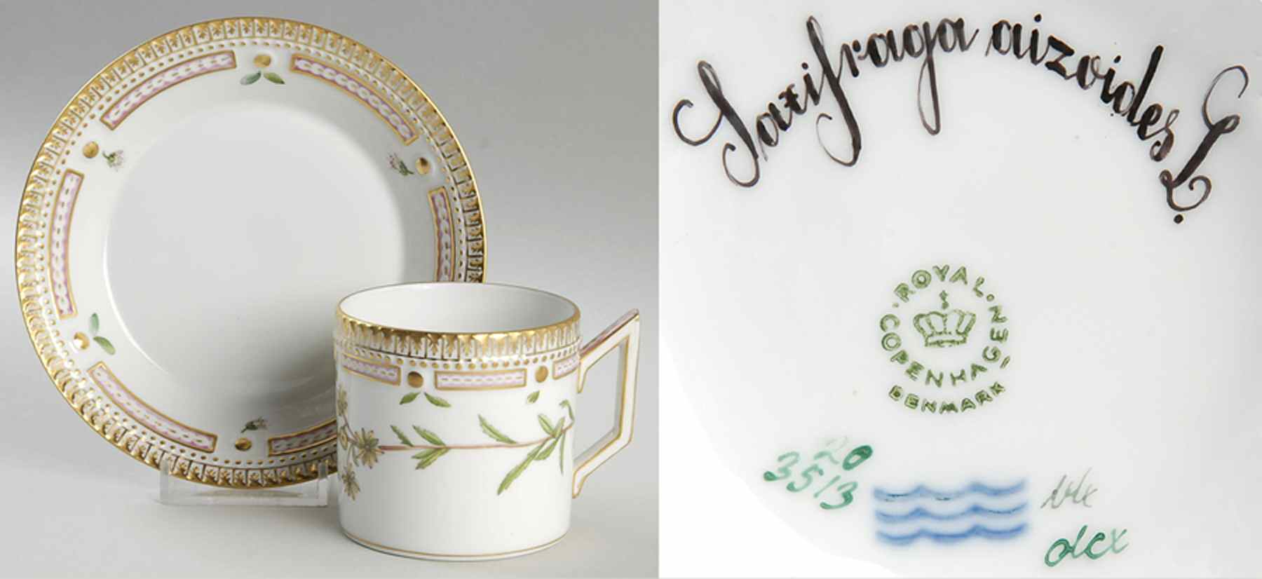 Flora Danica (1961 To Current) Serrated Chocolate Cup & Saucer-Saxifraga aizoides by Royal Copenhagen-1
