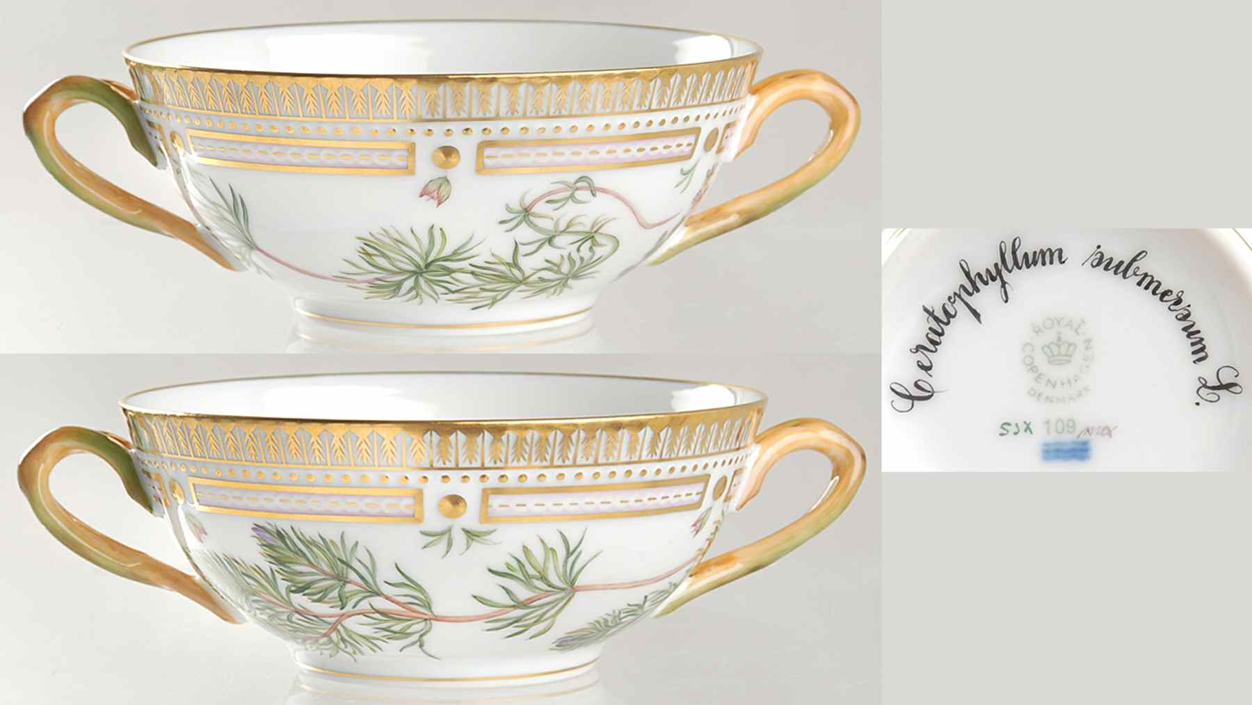 Flora Danica (1961 To Current) Flat Cream Soup Bowl-Ceratophyllum submersum L by Royal Copenhagen-1