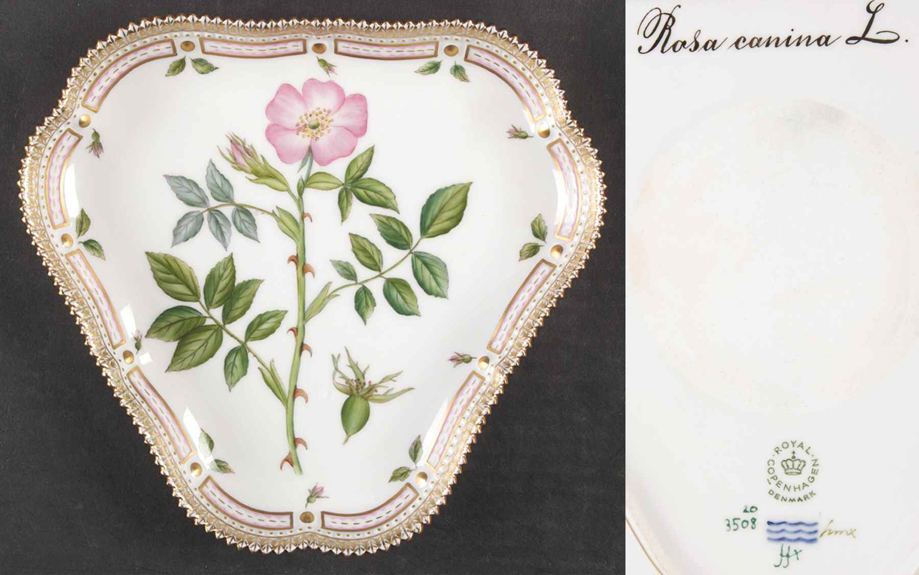 Flora Danica (1961 To Current) 9" Triangular Cake Plate-Rosa canina L by Royal Copenhagen-1