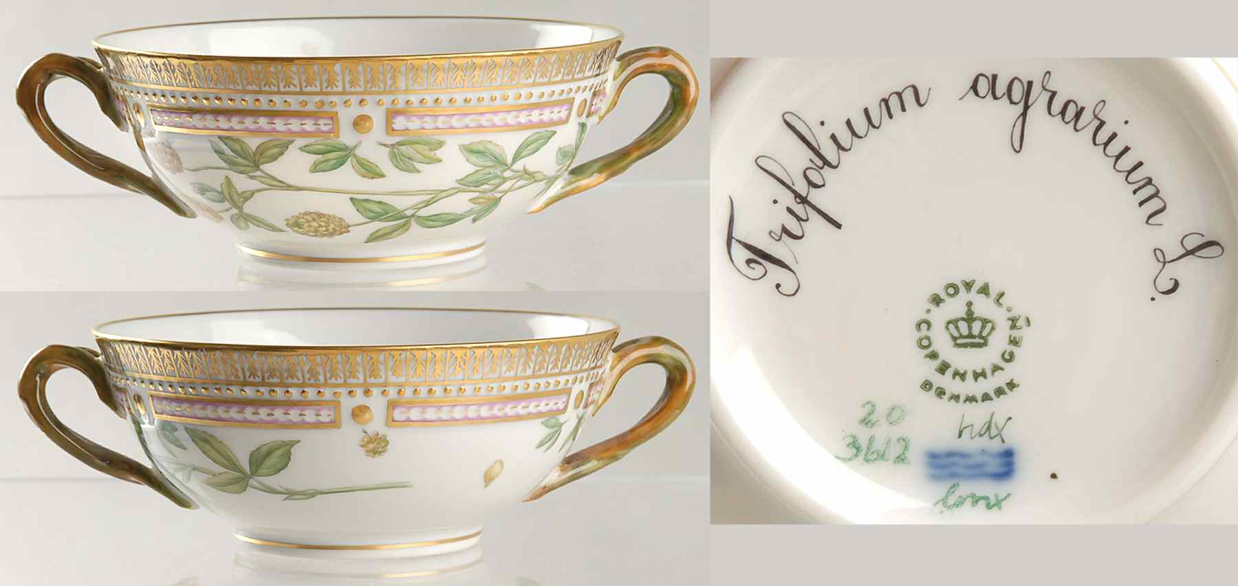 Flora Danica (1961 To Current) Flat Cream Soup Bowl-Trifolium agrarium L by Royal Copenhagen-1