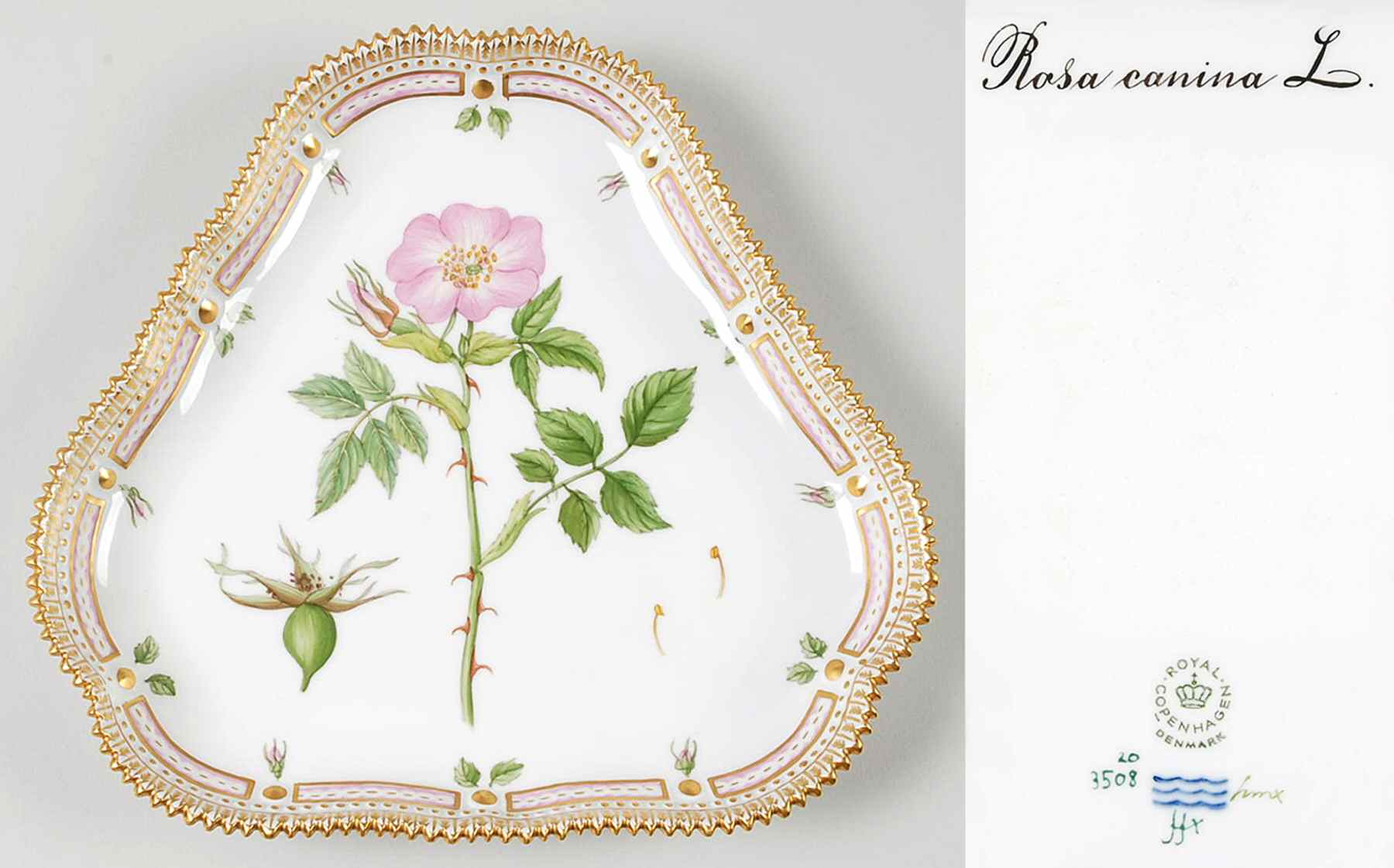 Flora Danica (1961 To Current) 9" Triangular Cake Plate-Rosa canina L by Royal Copenhagen-1