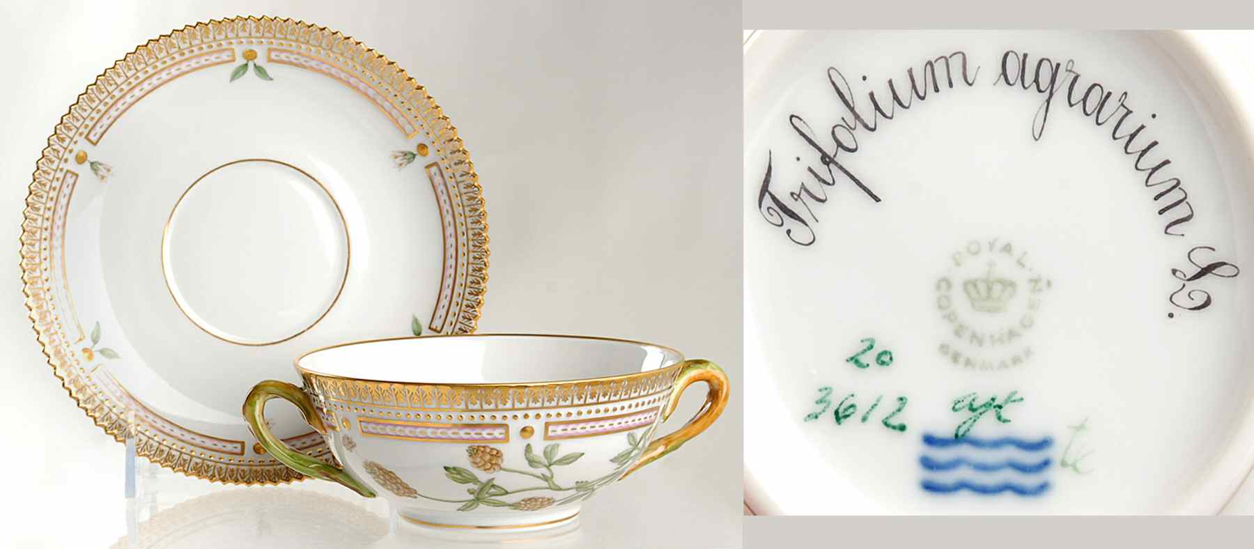 Flora Danica (1961 To Current) Flat Cream Soup & Saucer-Trifolium agrarium L by Royal Copenhagen-1