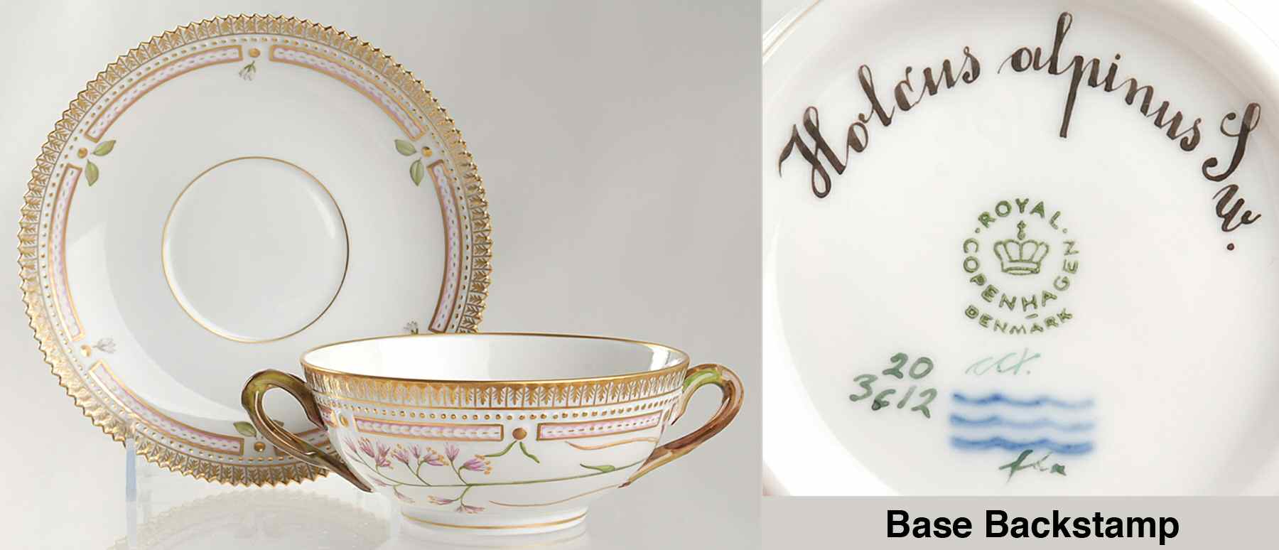 Flora Danica (1961 To Current) Flat Cream Soup & Saucer-Holcus alpinus Sw by Royal Copenhagen-1