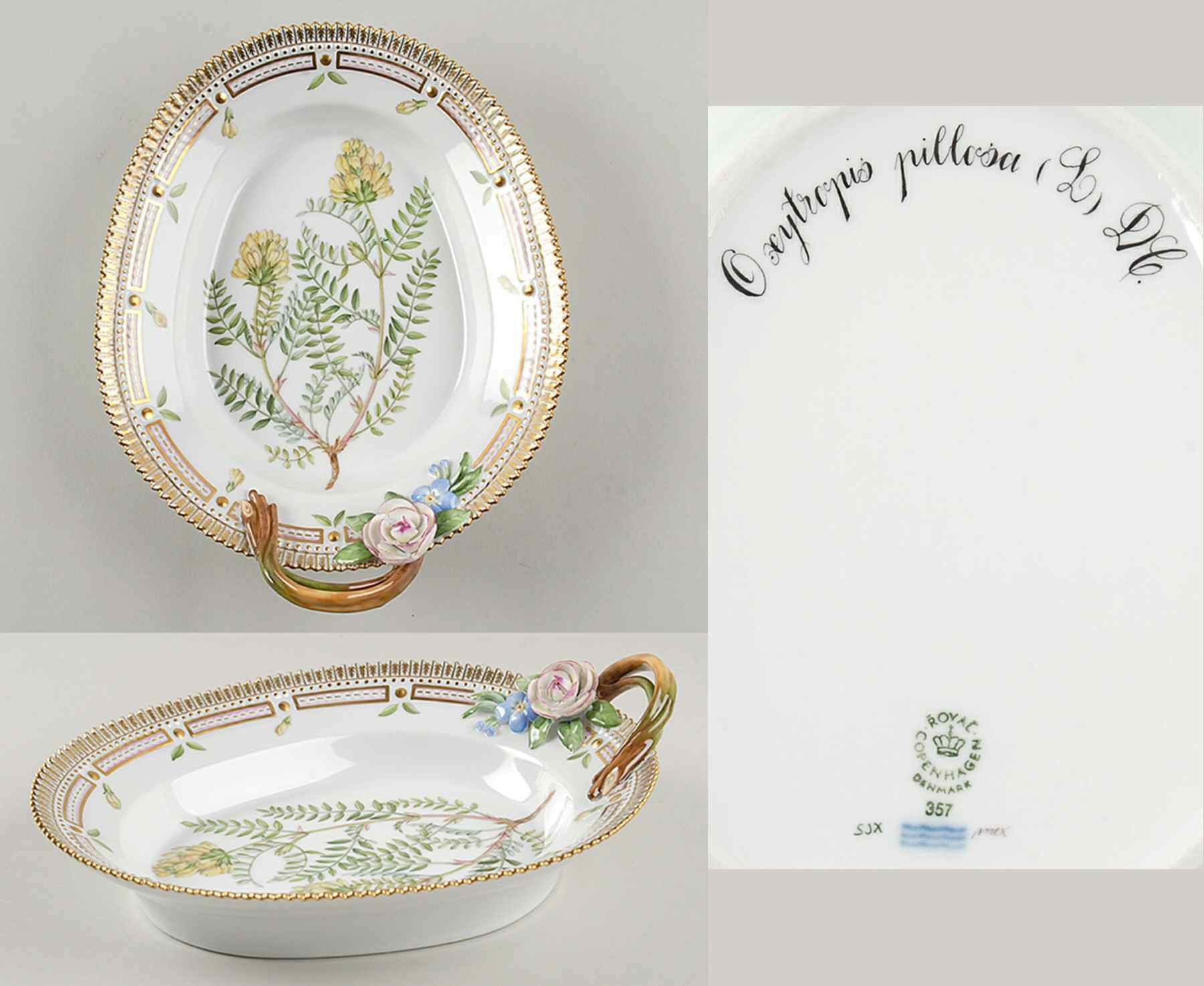 Flora Danica (1961 To Current) 9" Oval Handled Pickle/Accent-Oxytropis pillosa L by Royal Copenhagen-1