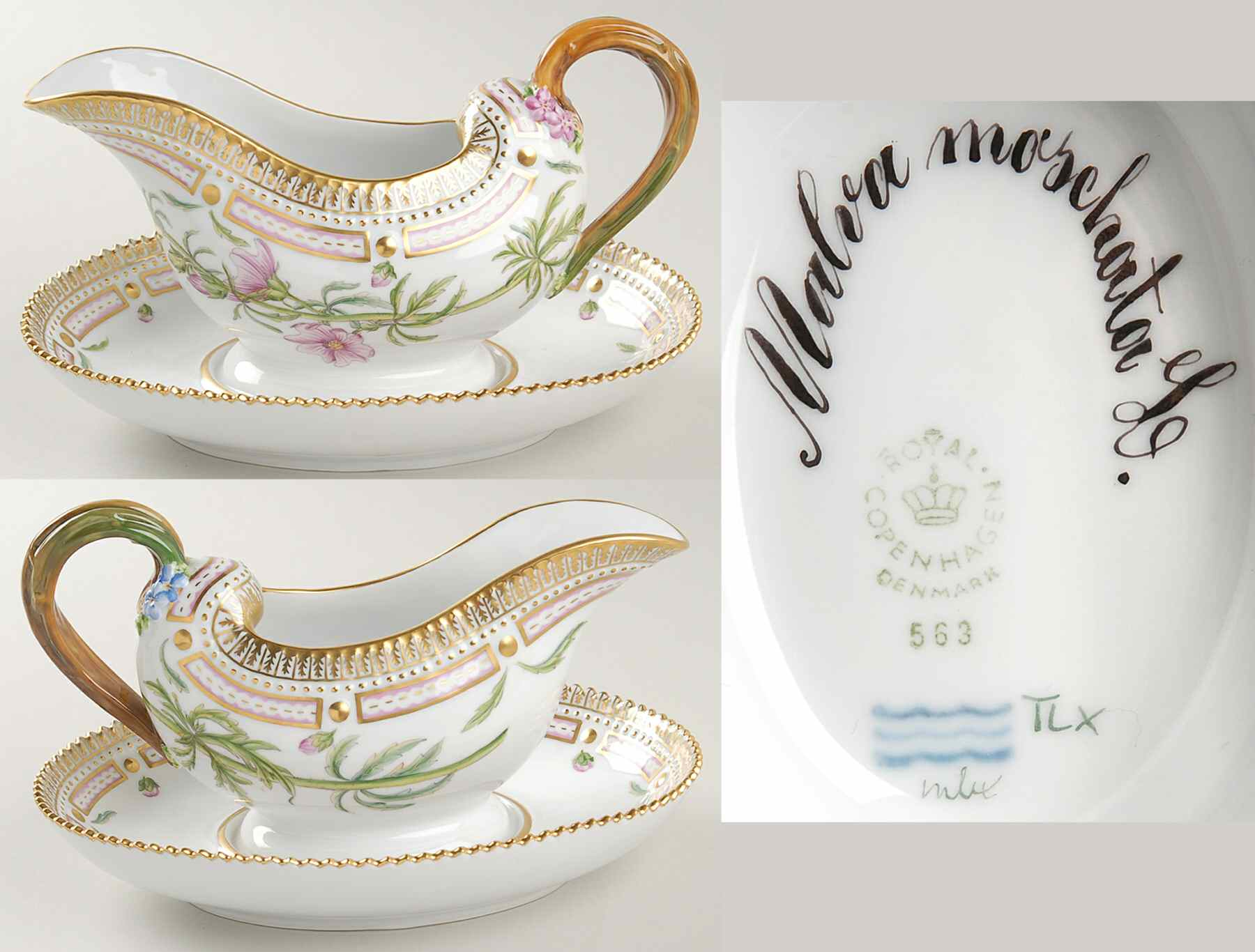 Flora Danica (1961 To Current) Sauce Boat & Fixed Stand-Malva mosehata L by Royal Copenhagen-1