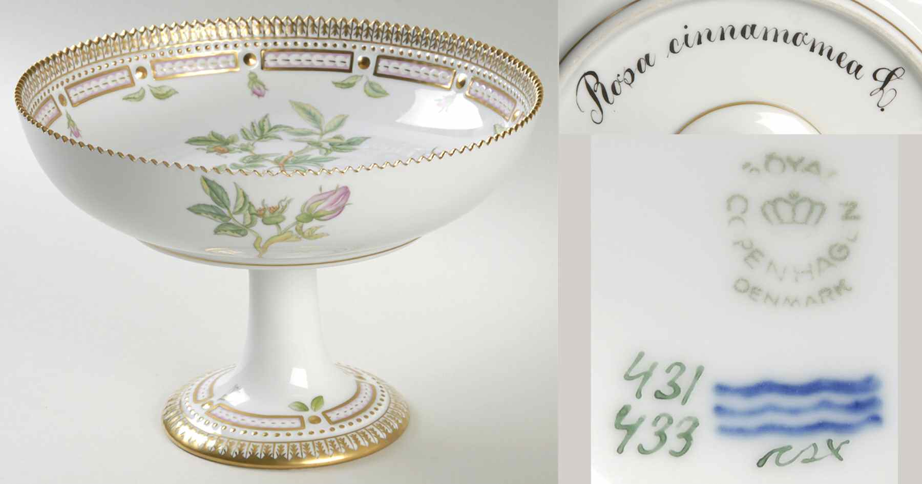 Flora Danica (1961 To Current) Round High Foot Cake Plate-Rosa cinnamomea L by Royal Copenhagen-1
