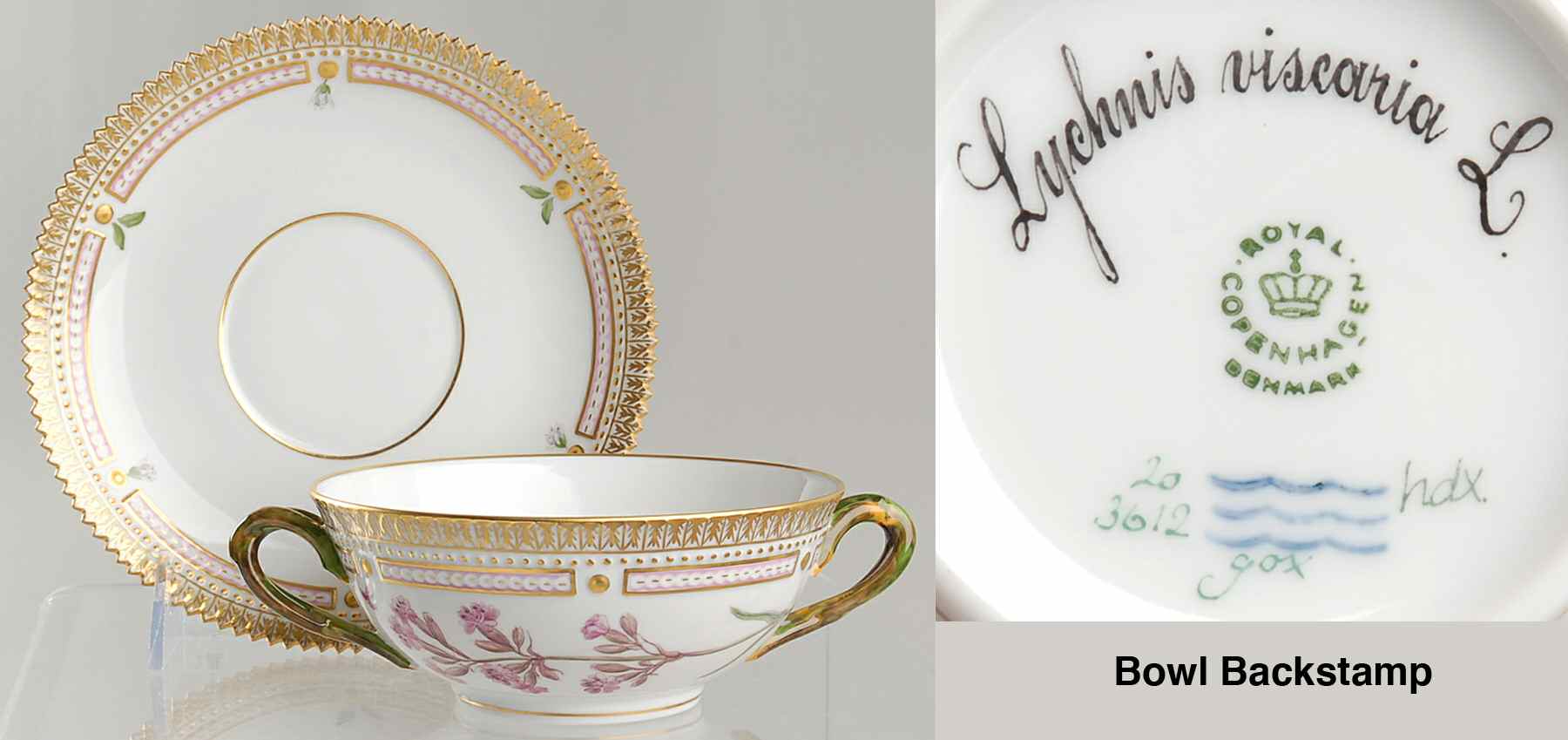 Flora Danica (1961 To Current) Flat Cream Soup & Saucer-Lychnis viscaria L by Royal Copenhagen-1