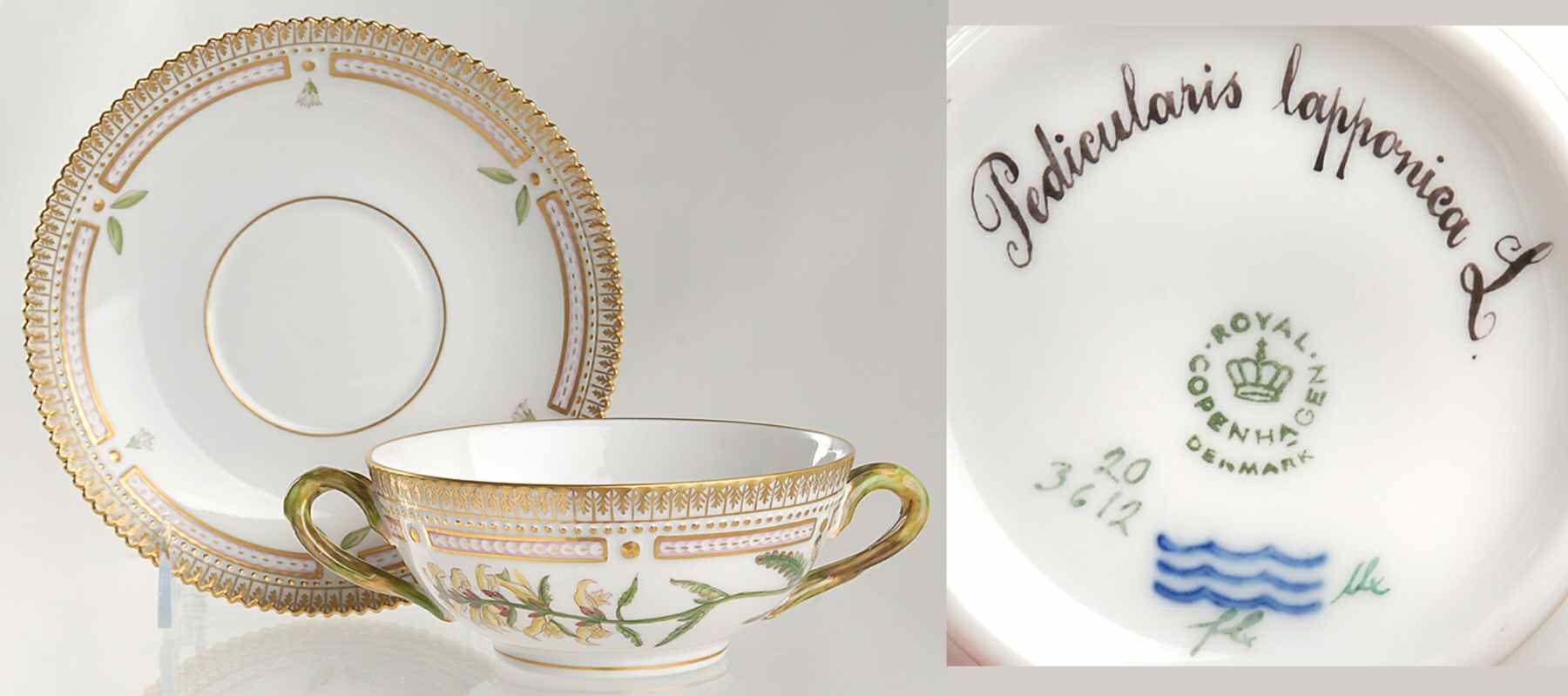 Flora Danica (1961 To Current) Flat Cream Soup & Saucer-Pedicularis lapponica L by Royal Copenhagen-1