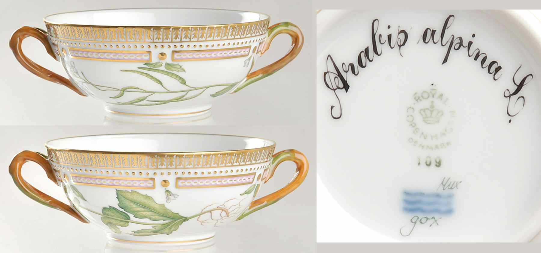 Flora Danica (1961 To Current) Flat Cream Soup Bowl-Arabis alpina L by Royal Copenhagen-1