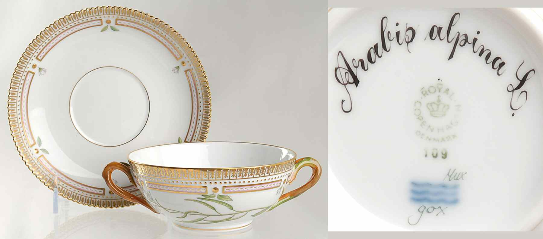 Flora Danica (1961 To Current) Flat Cream Soup & Saucer-Arabis alpina L by Royal Copenhagen-1