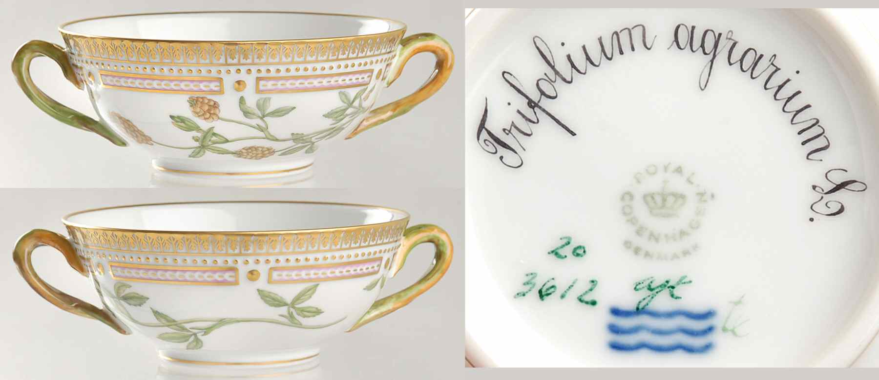 Flora Danica (1961 To Current) Flat Cream Soup Bowl-Trifolium agrarium L by Royal Copenhagen-1