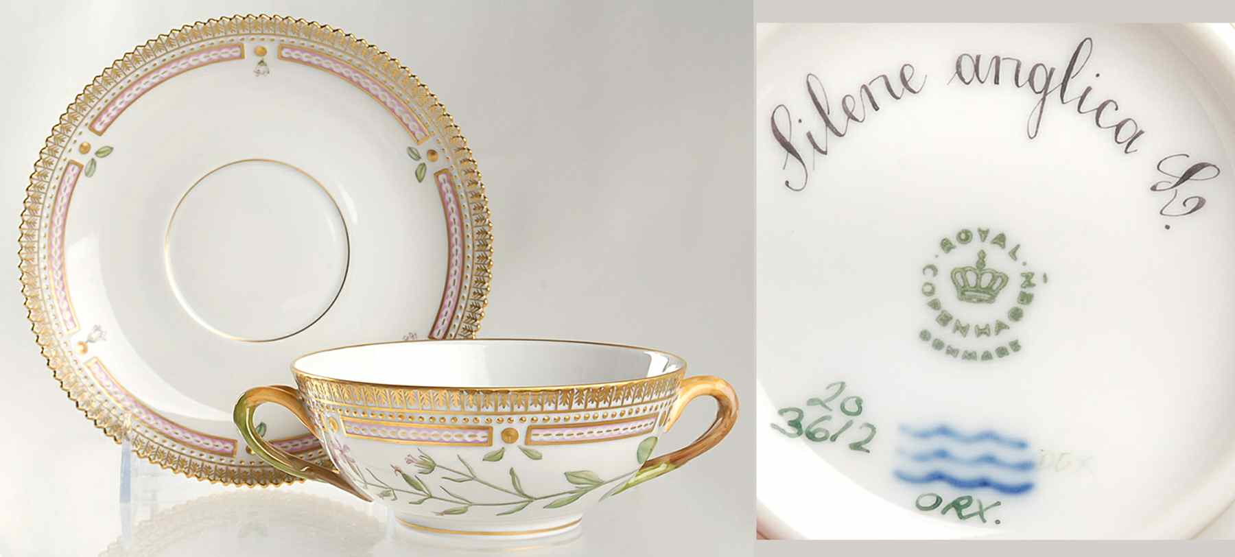 Flora Danica (1961 To Current) Flat Cream Soup & Saucer-Silene anglica L by Royal Copenhagen-1
