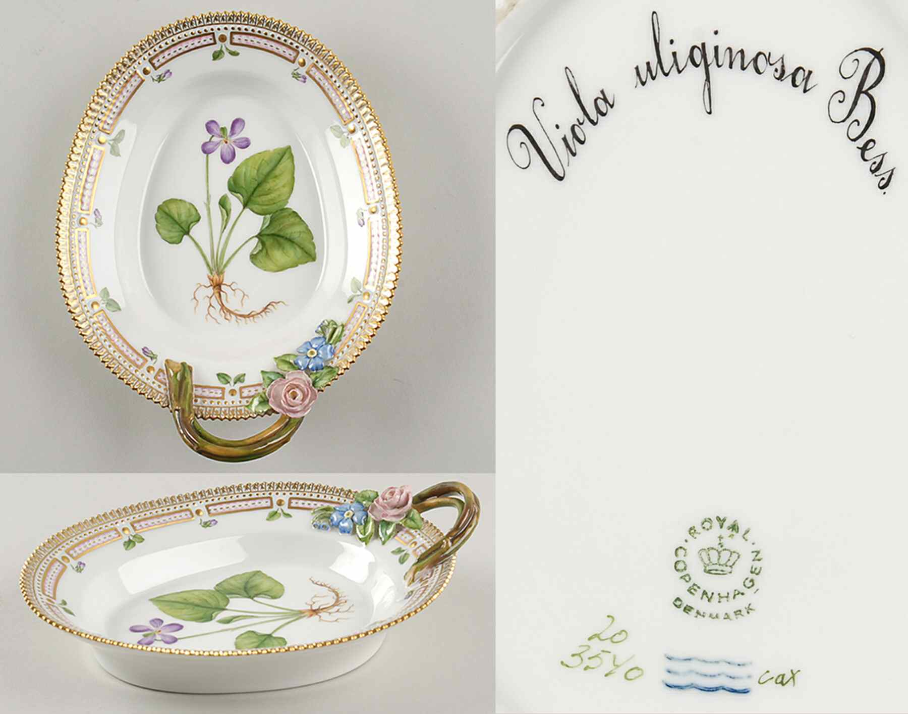 Flora Danica (1961 To Current) 8" Oval Handled Pickle/Accent-Viola uliginosa Bess by Royal Copenhagen-1
