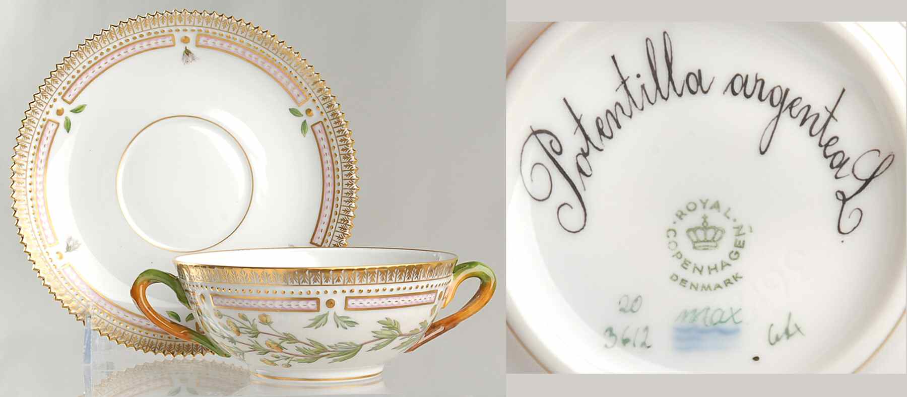 Flora Danica (1961 To Current) Flat Cream Soup & Saucer-Potentilla argentea L by Royal Copenhagen-1