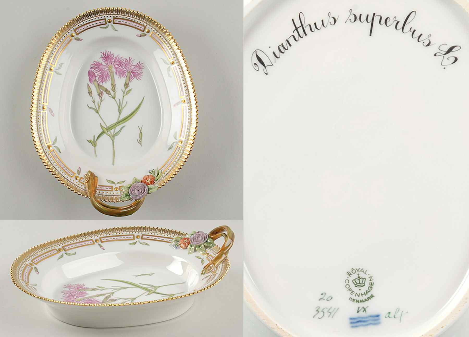 Flora Danica (1961 To Current) 9" Oval Handled Pickle/Accent-Dianthus superbus L by Royal Copenhagen-1