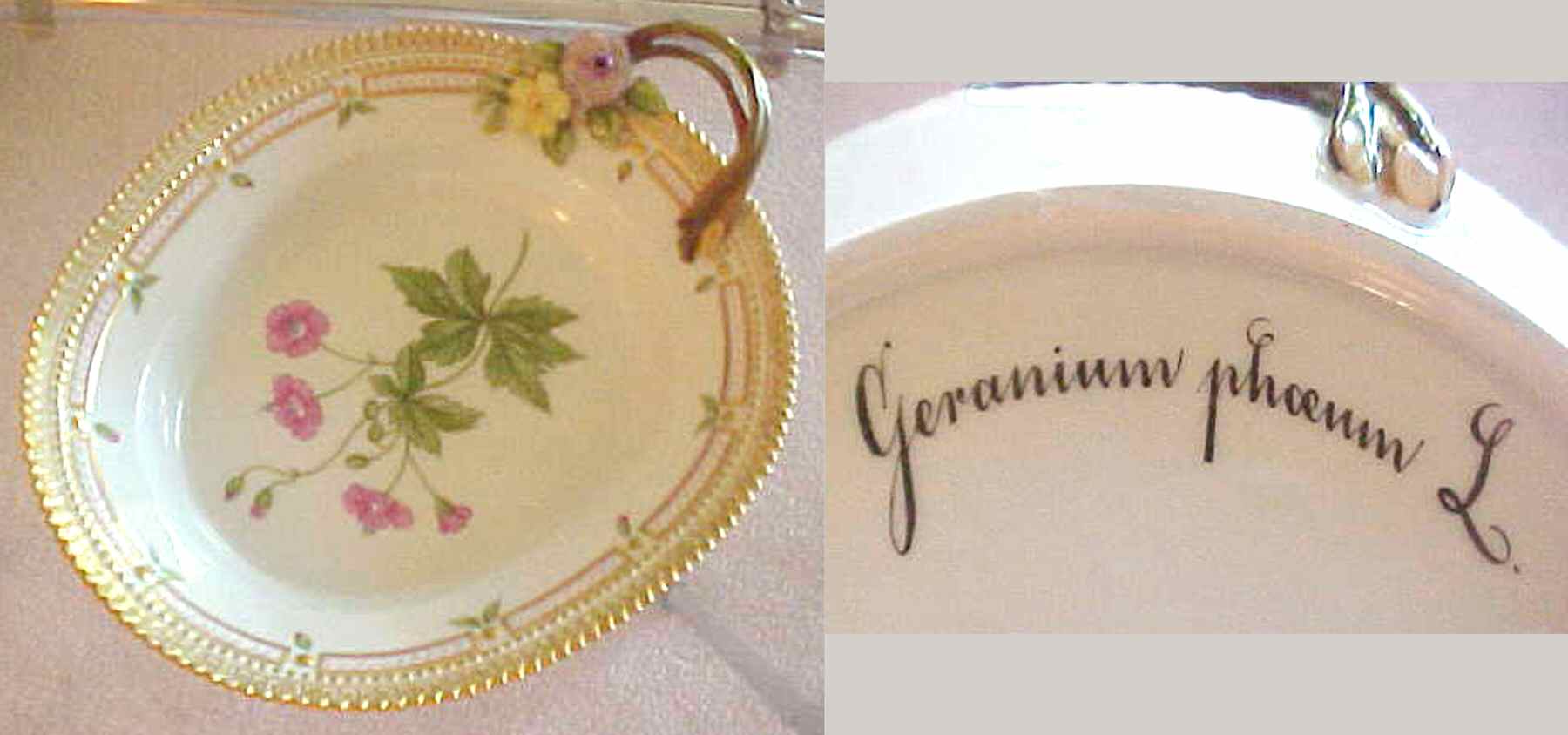Flora Danica (1961 To Current) 9" Oval Handled Pickle/Accent-Geranium phaeum L by Royal Copenhagen-1