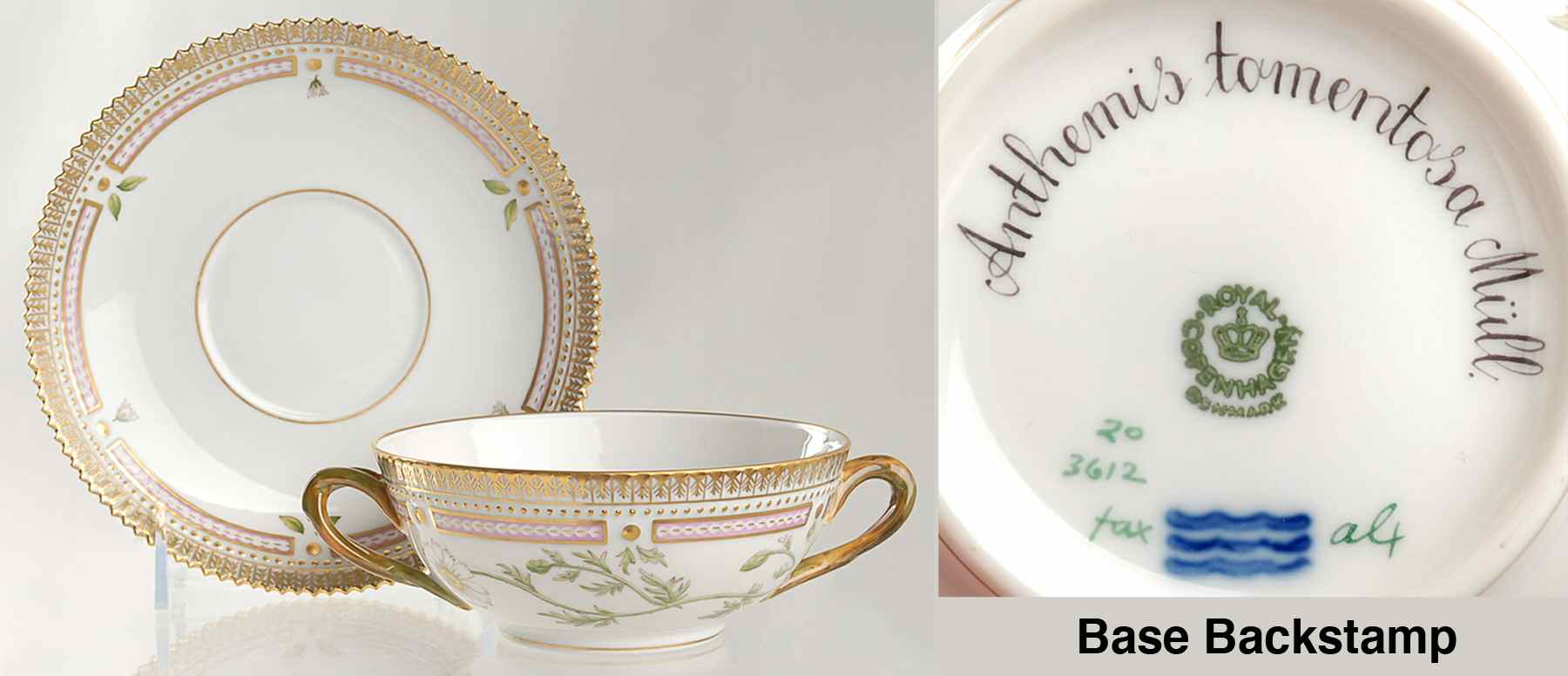 Flora Danica (1961 To Current) Flat Cream Soup & Saucer-Anthemis tomentosa Mull by Royal Copenhagen-1
