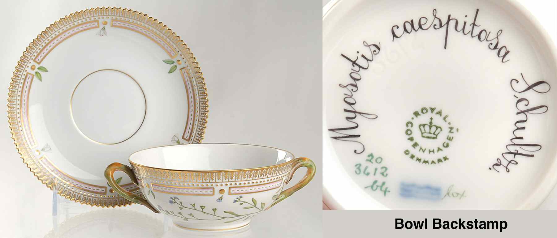 Flora Danica (1961 To Current) Flat Cream Soup & Saucer-Myosotis caespitosa Schul by Royal Copenhagen-1